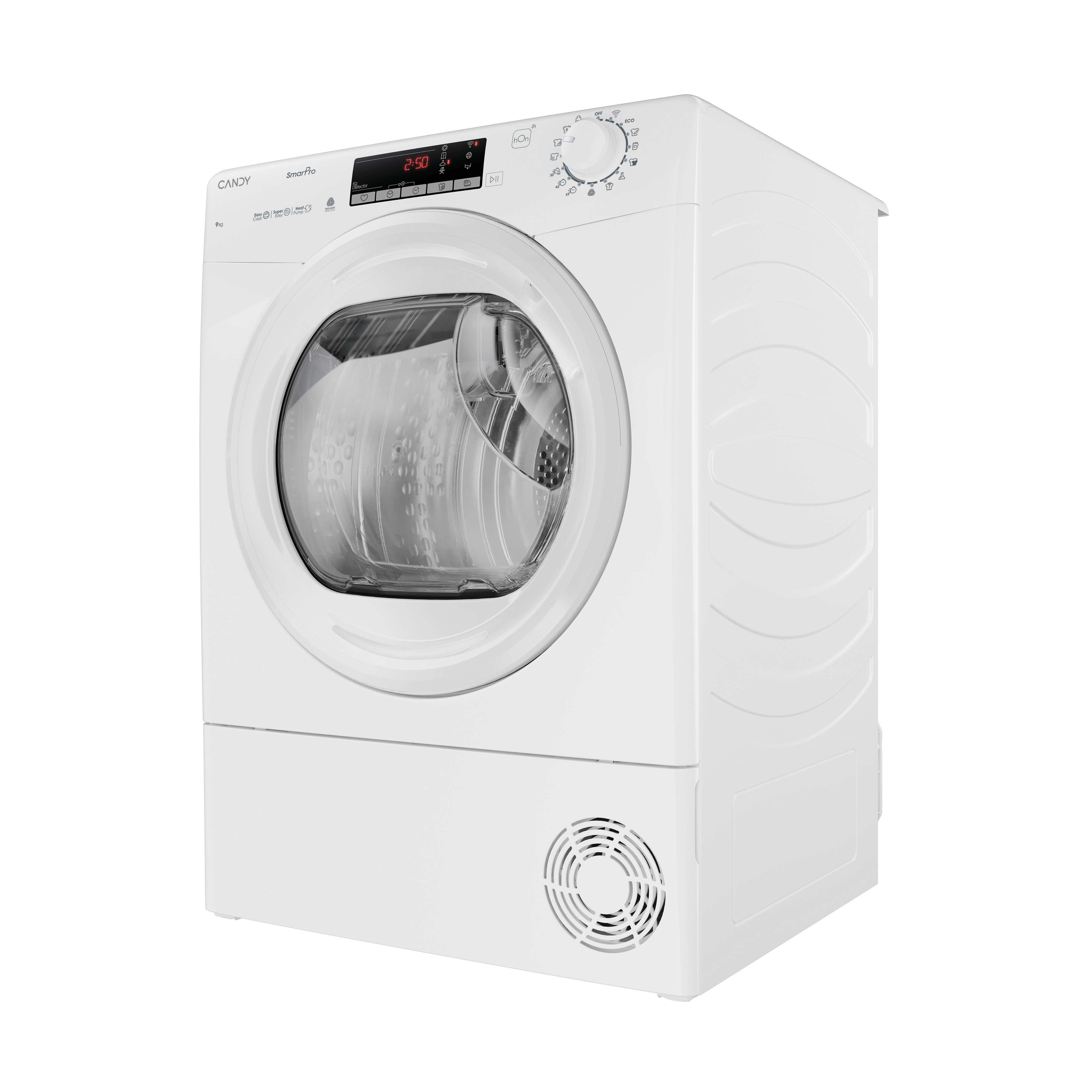 Una lavadora blanca Candy SmartPro con pantalla digital y dial giratorio.