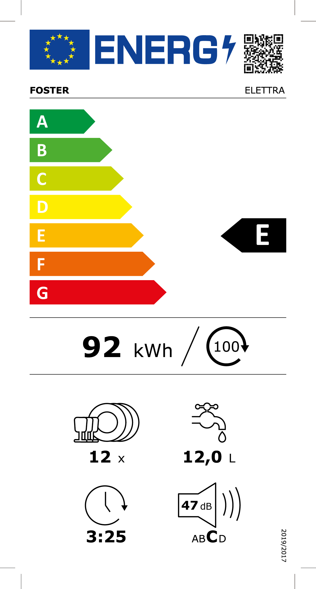 Etichetta efficienza energetica: E, 92 kWh/100 cicli, 12 coperti, 12 L acqua, 3:25 ore.