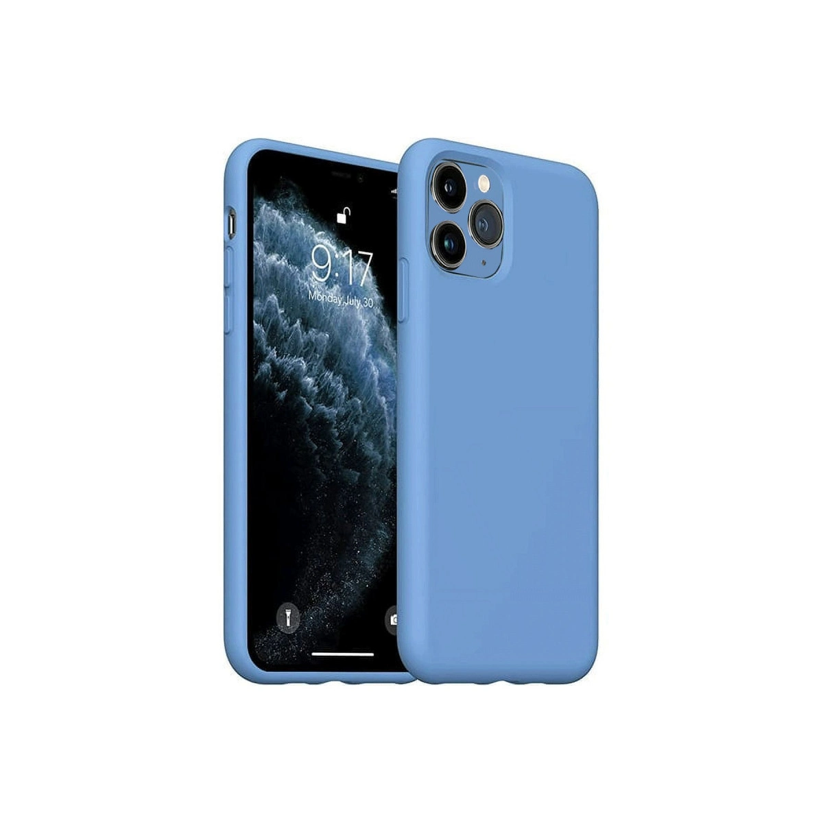 Arkada üç kamerası olan mavi bir telefon, beyaz zeminde duruyor.
