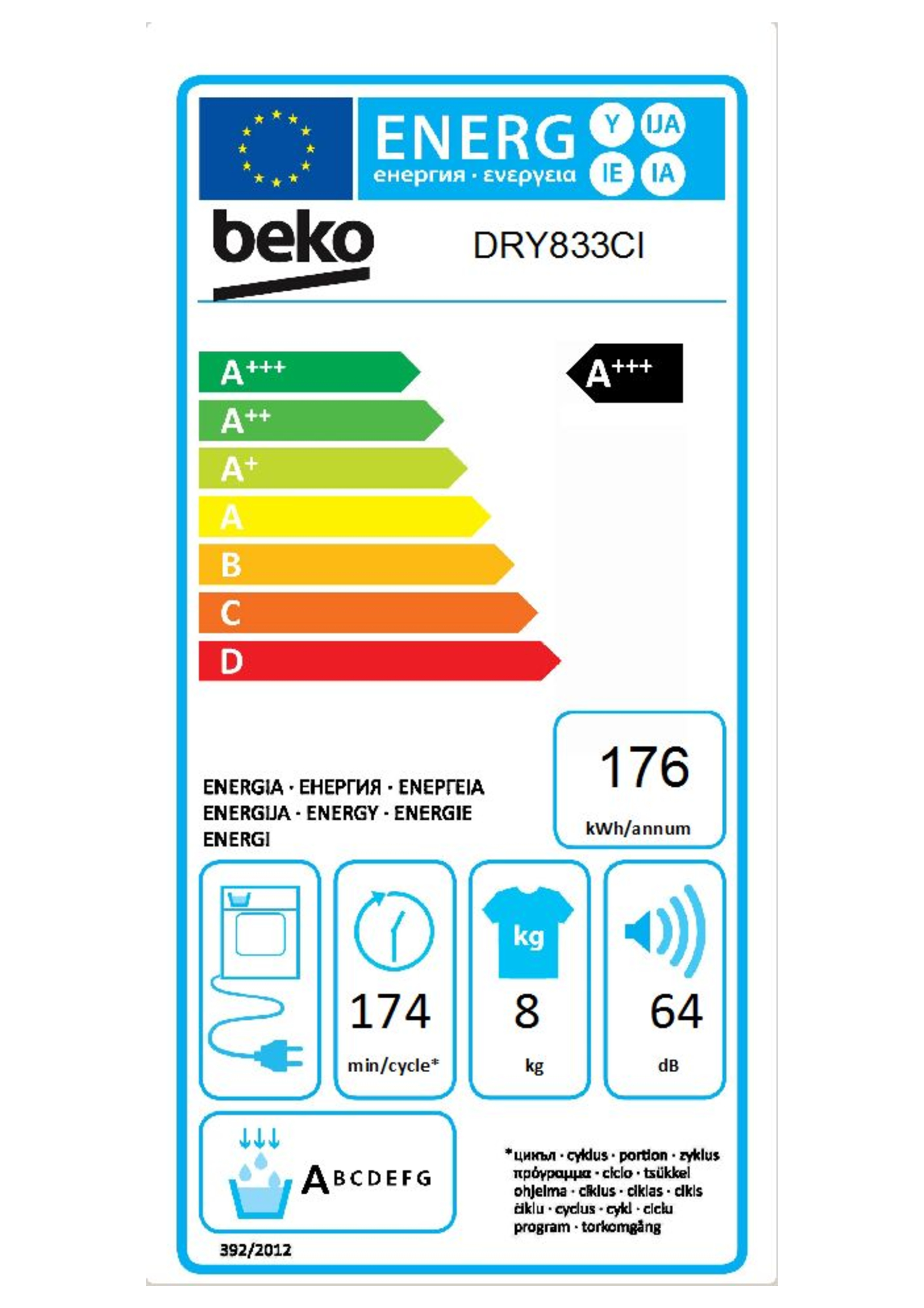 Etichetta energetica asciugatrice Beko DRY833CI, classe A+++.