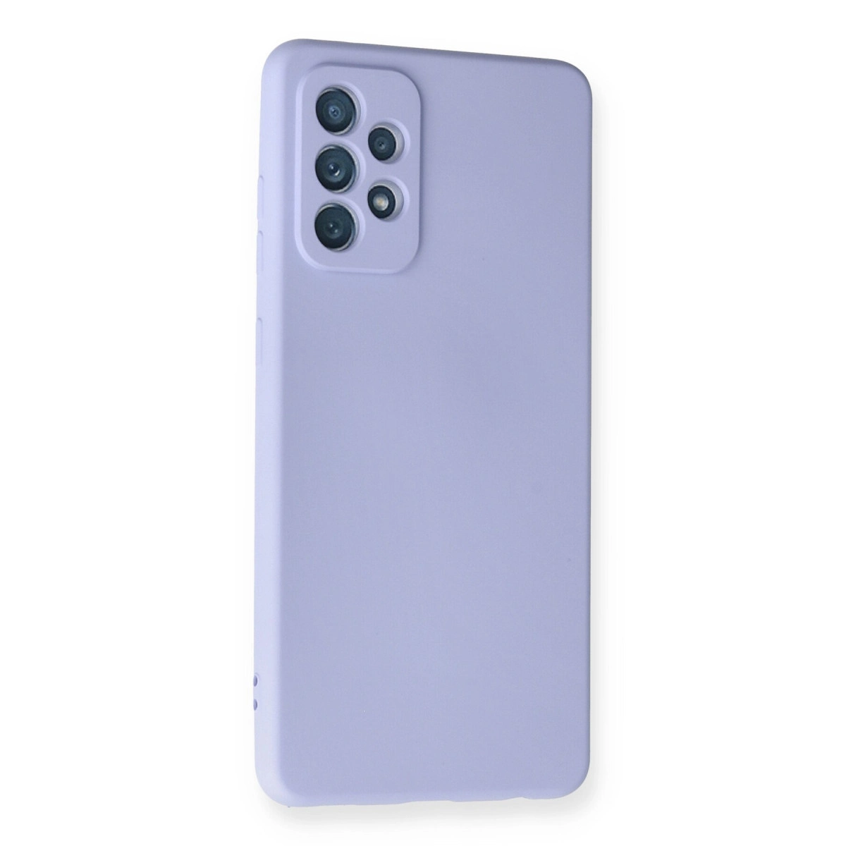 Arkada dörtlü kamera kurulumuna sahip lavanta rengi telefon kılıfı.