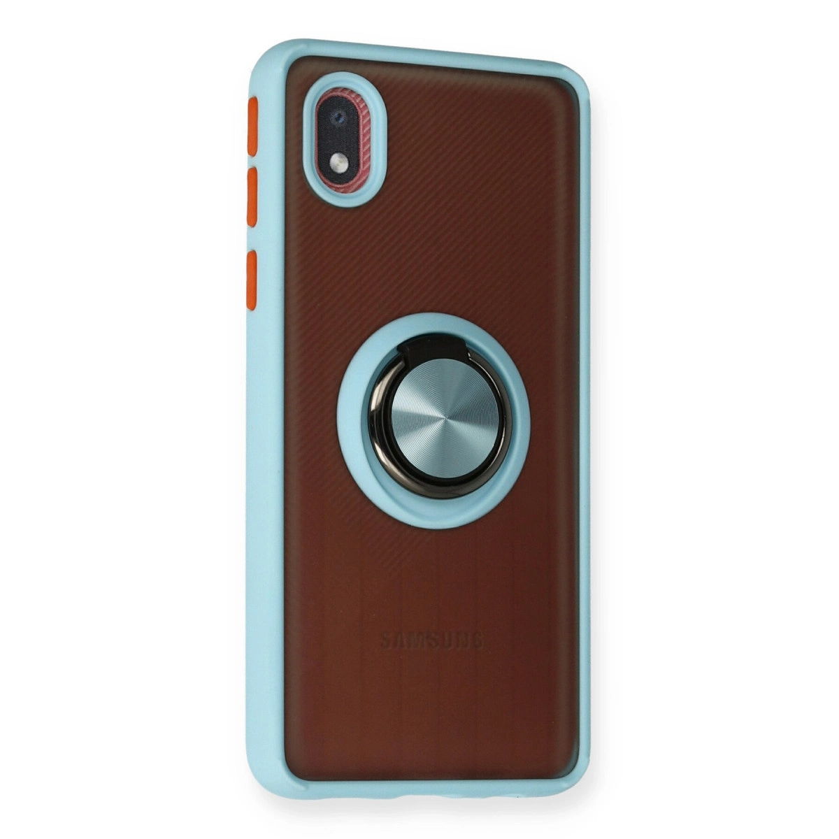 Açık mavi kenarlı, kamera erişimli ve halka tutuculu kahverengi telefon kılıfı.