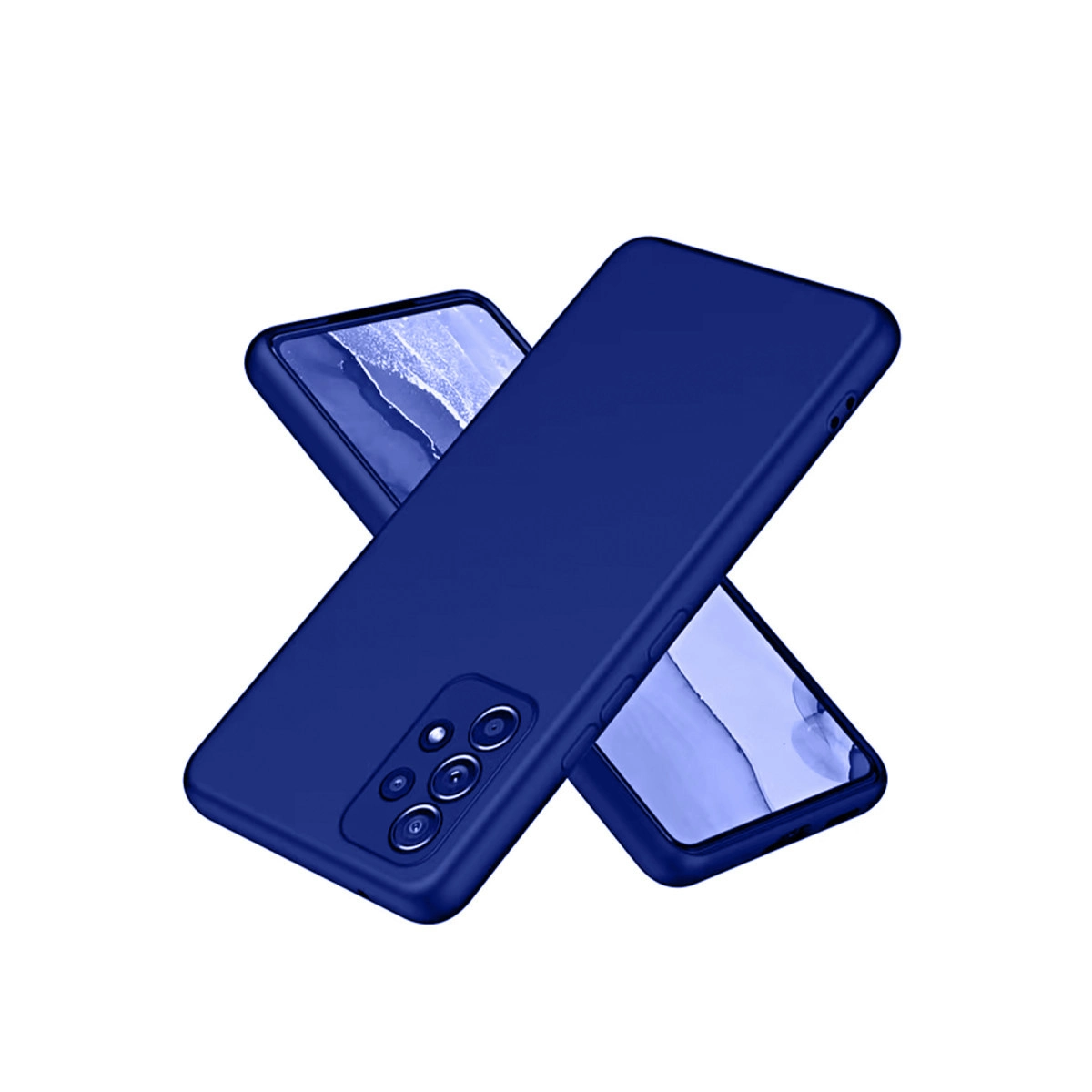 İki mavi telefon kılıfı üst üste binmiş. Telefonların arkası görünüyor.