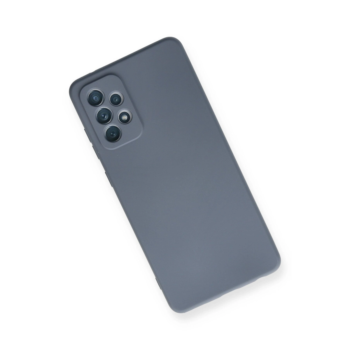 Dörtlü kamera sistemli gri telefon kılıfı beyaz zeminde.