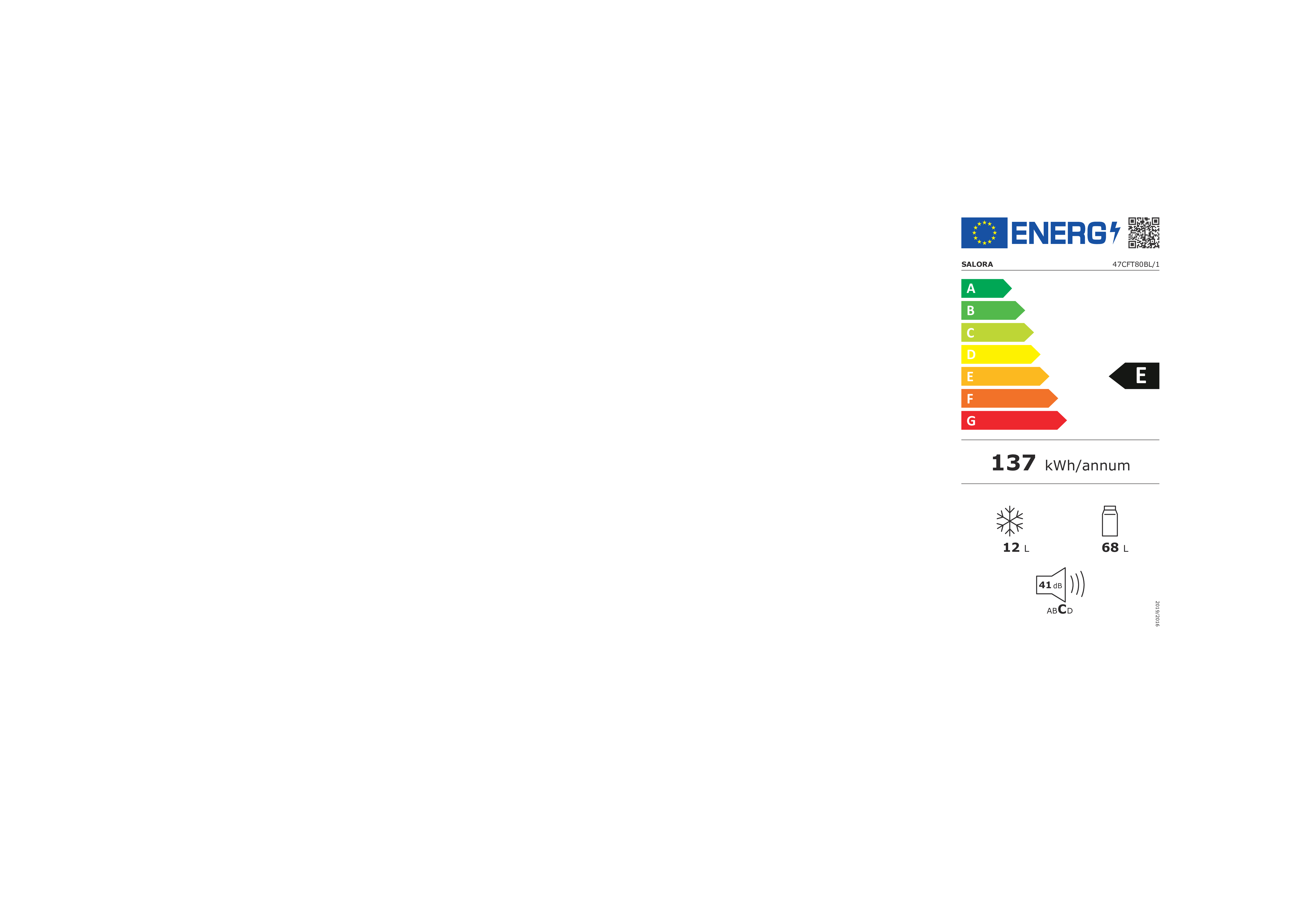 Étiquette énergie: Classe E, 137 kWh/an, congélateur 12L, réfrigérateur 68L, 41dB.