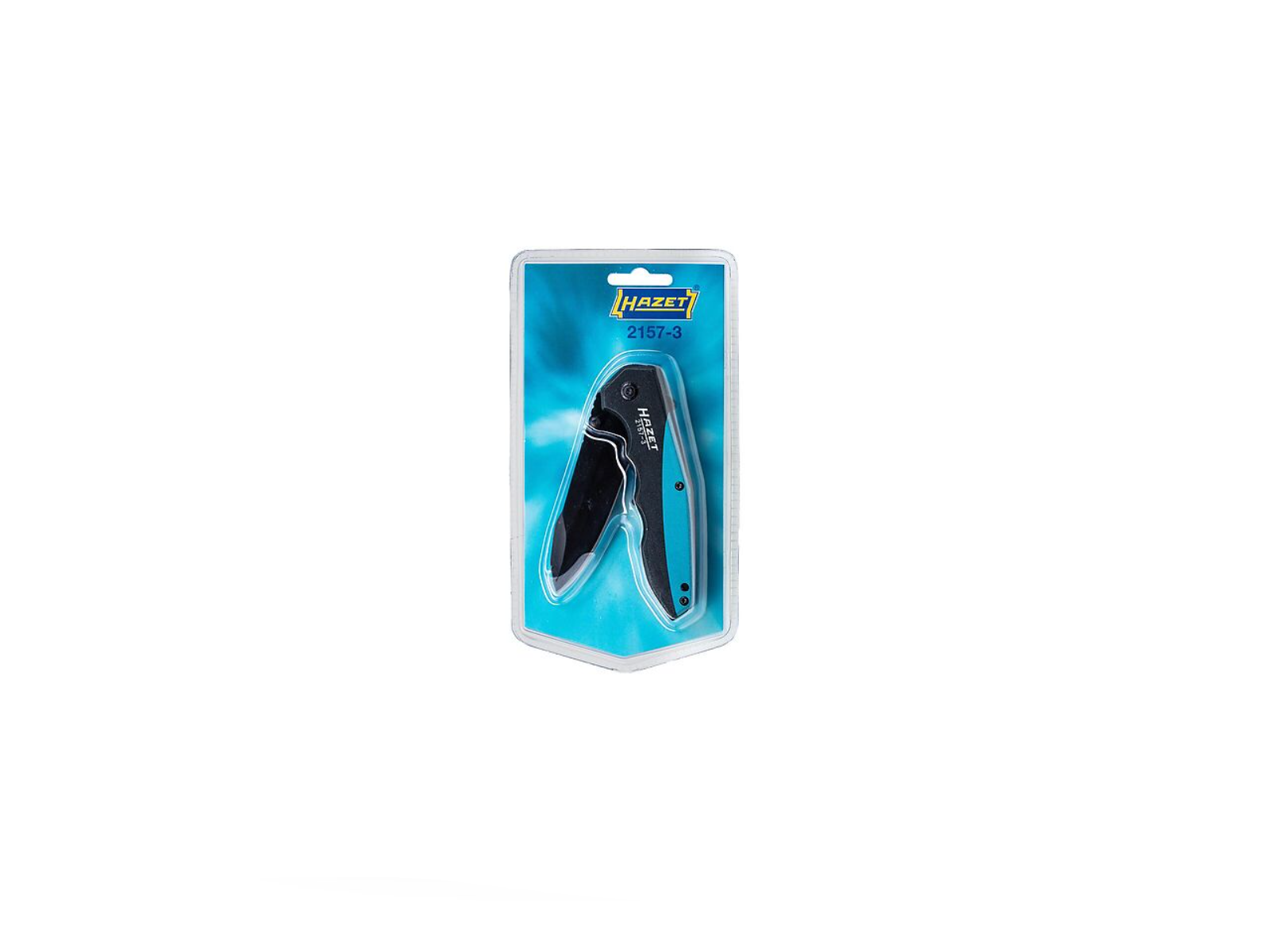 Ein schwarzes Klappmesser in Blisterverpackung mit HAZET-Logo.