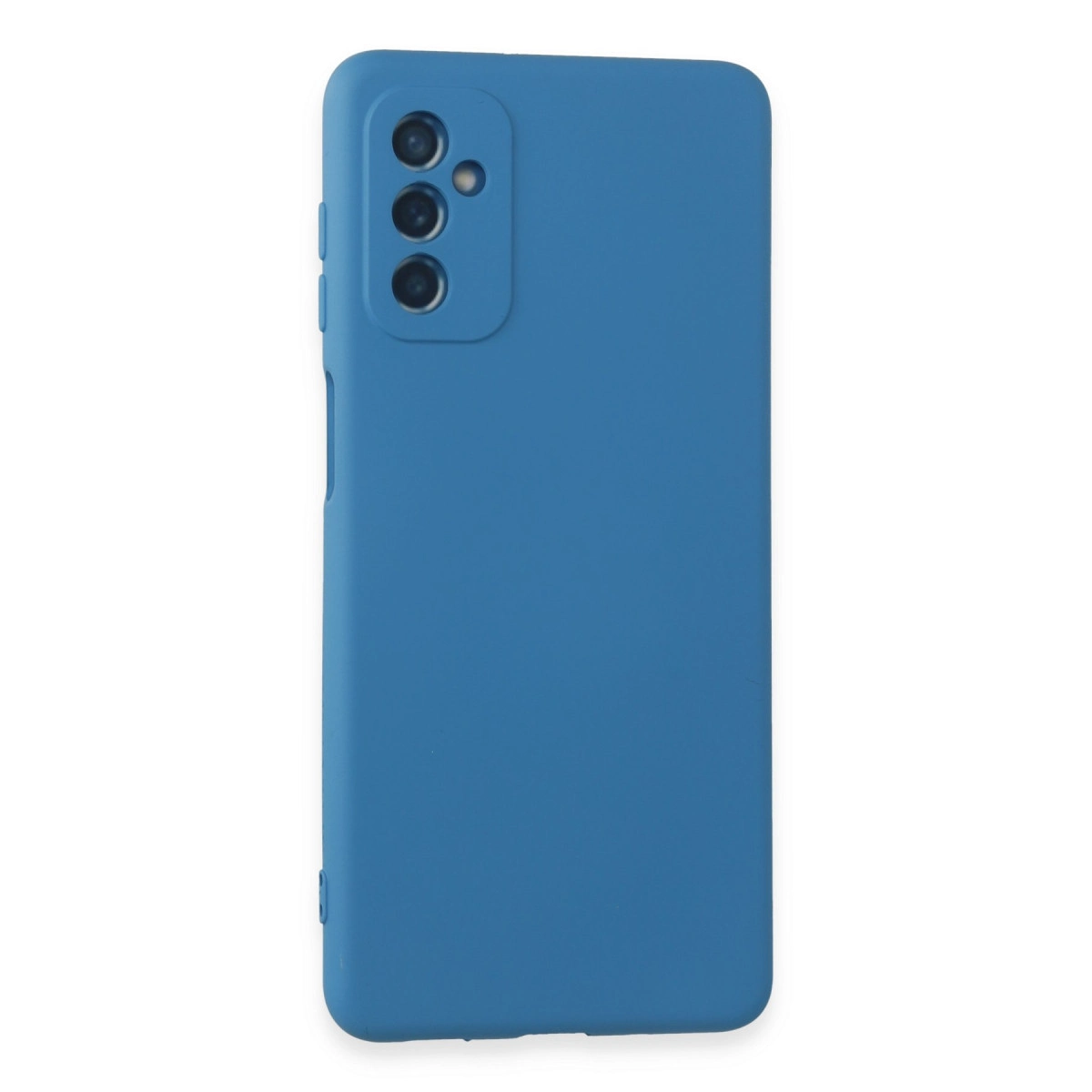 Arkada üç kamera lensi bulunan mavi telefon kılıfı.