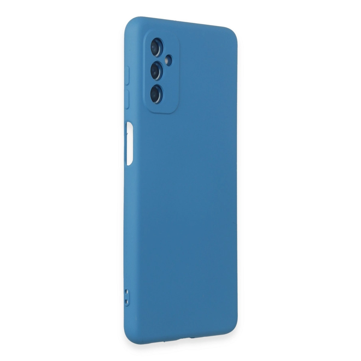 Arkada üç kamera lensi bulunan mavi telefon kılıfı.