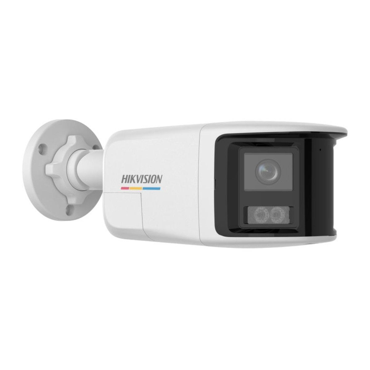 Telecamera di sicurezza Hikvision bianca con obiettivo nero e LED infrarossi.