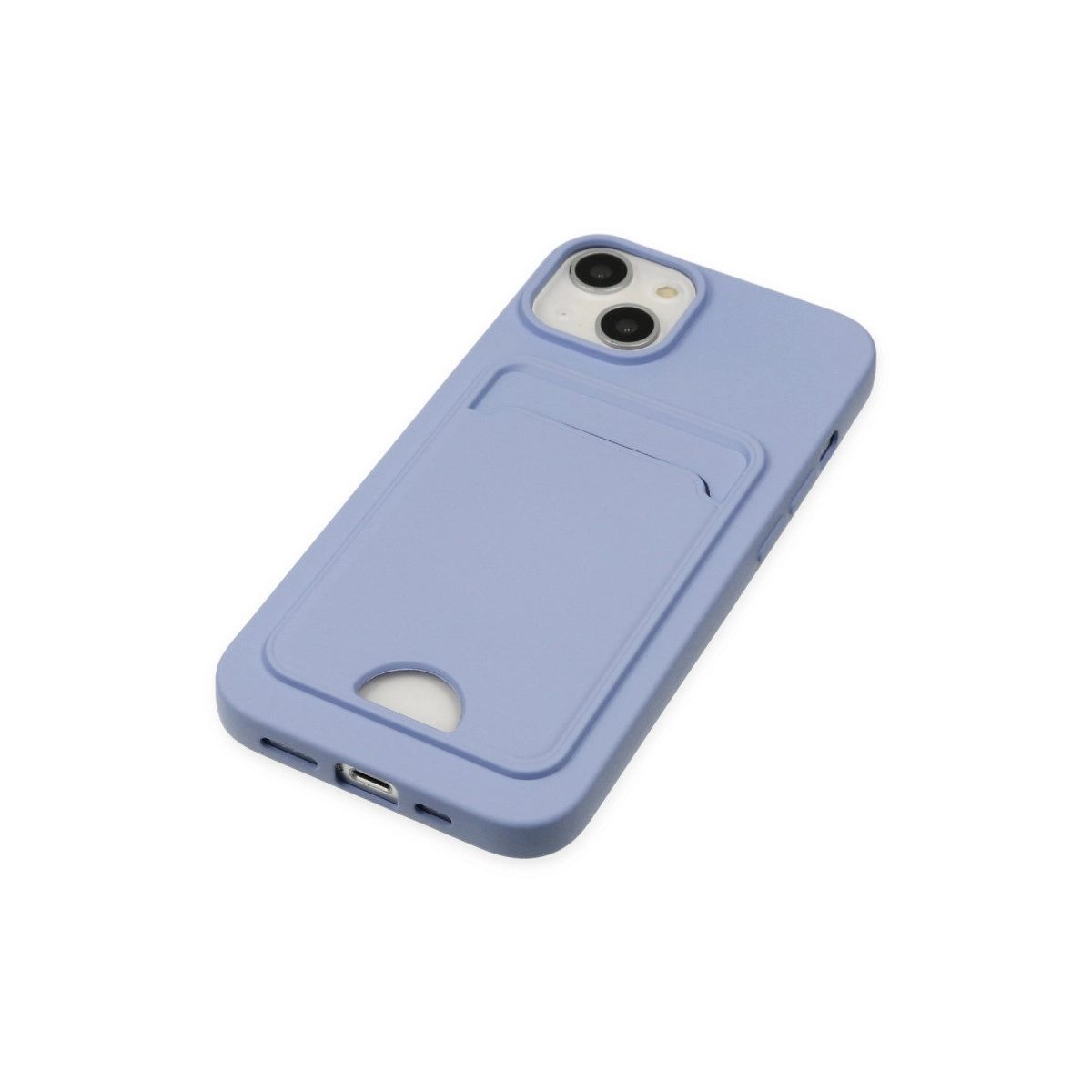 Kart yuvalı ve kamera yuvalı lavanta rengi telefon kılıfı.