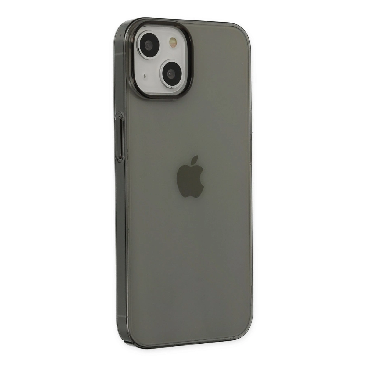 Beyaz arka plan üzerinde Apple logosu ve çift kameraya sahip koyu gri iPhone.