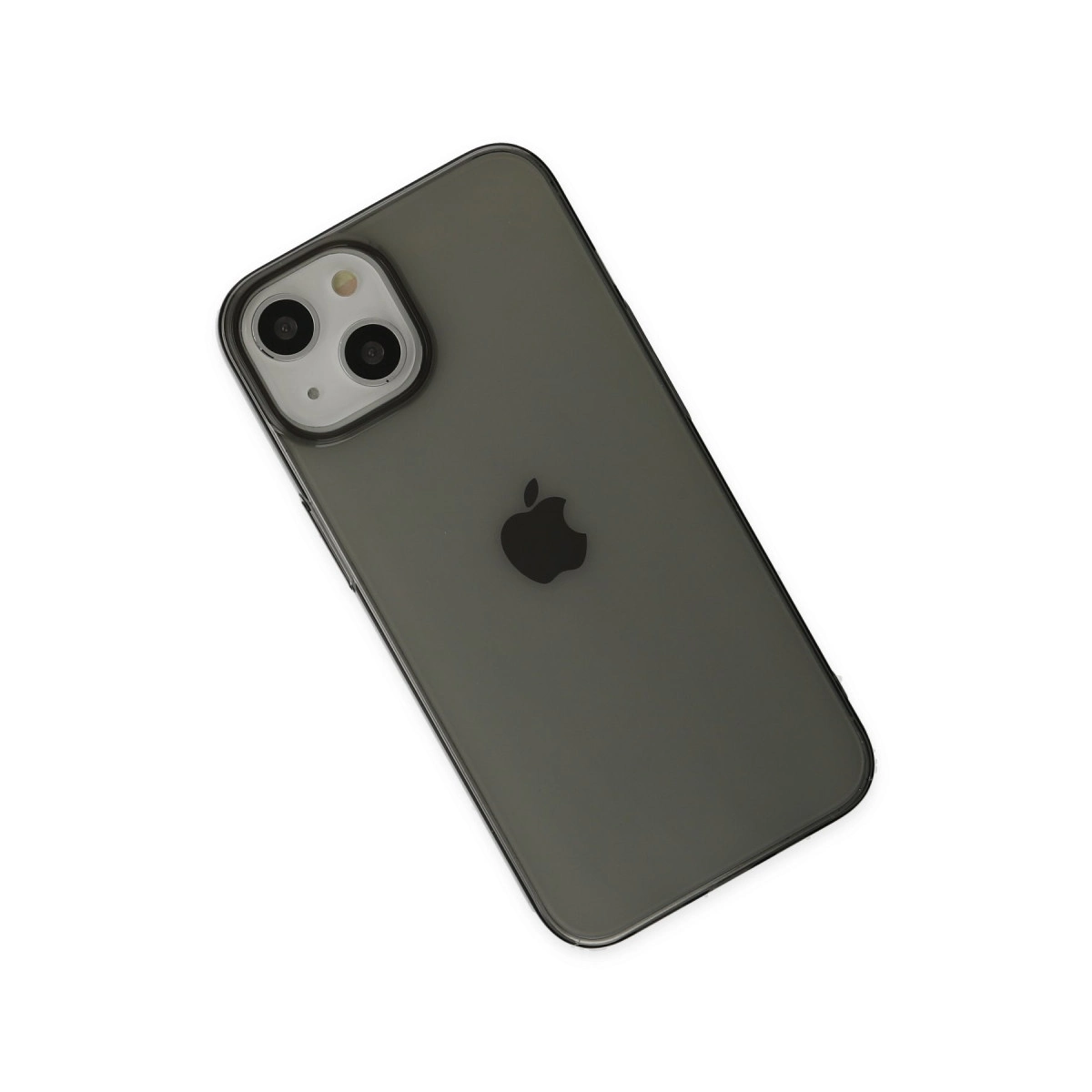 Beyaz arka plan üzerinde iki kameralı ve Apple logolu koyu gri iPhone.