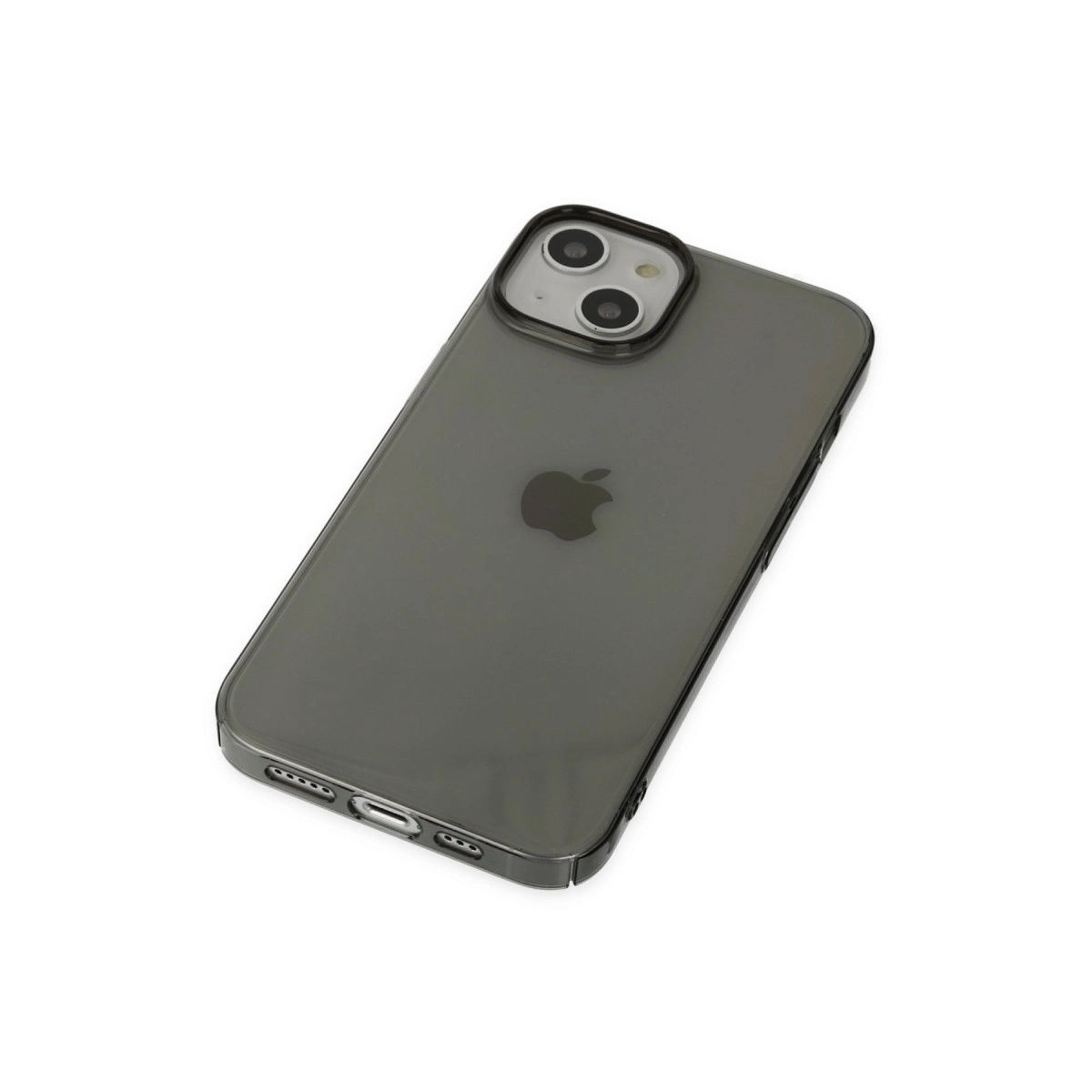 Beyaz arka plan üzerinde iki kameralı, Apple logolu koyu gri iPhone.