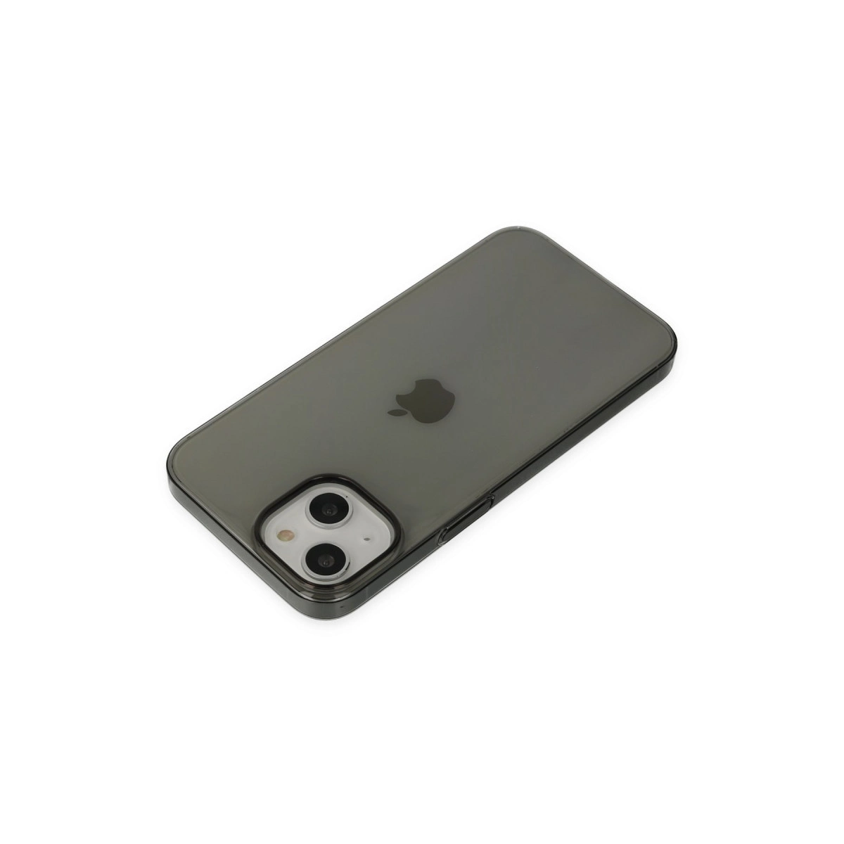 Beyaz arka planda Apple logosu ve çift kameraya sahip koyu gri iPhone.