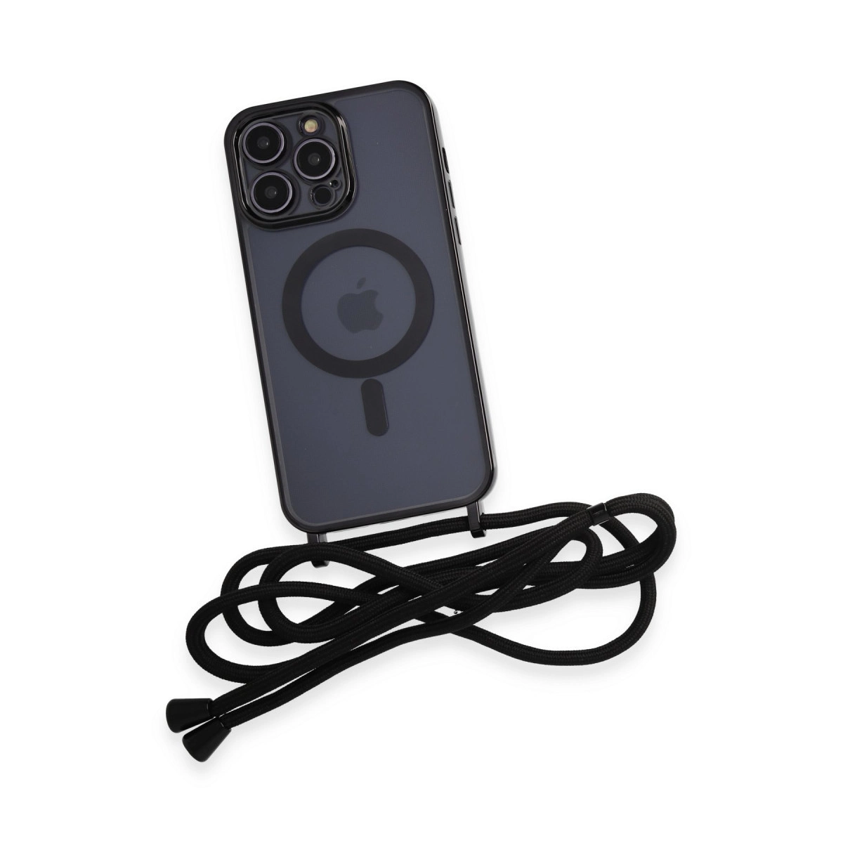 Beyaz arka plan üzerinde siyah kılıflı iPhone ve siyah kordon.