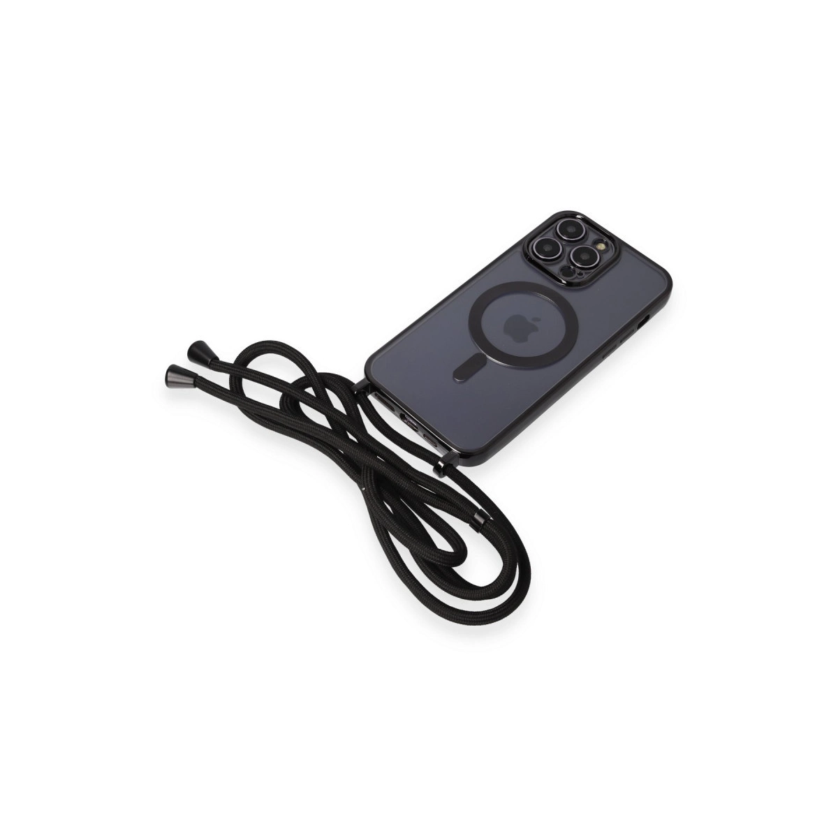 Beyaz arka plan üzerinde siyah kordonlu ve MagSafe halkalı koyu gri iPhone.