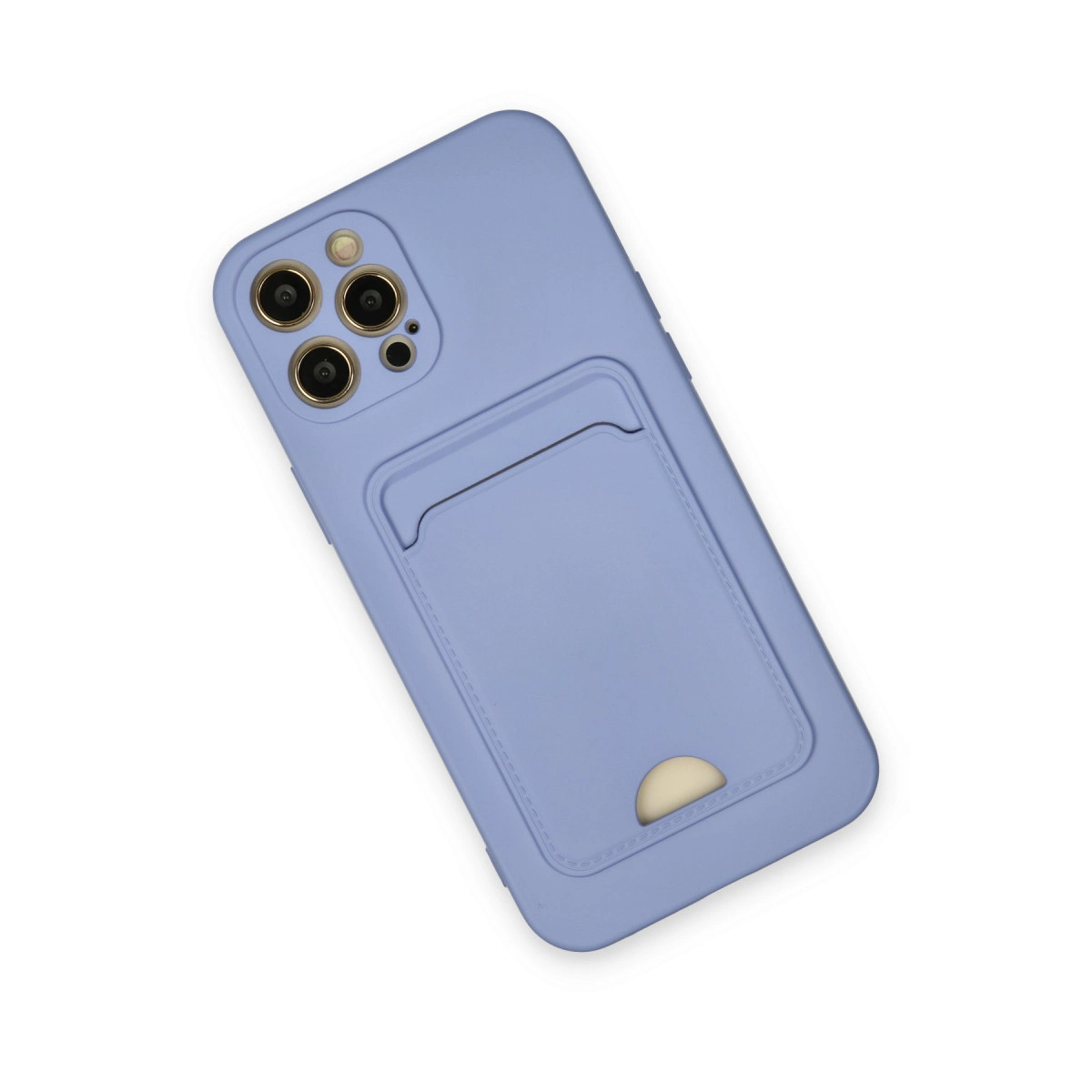Lavanta rengi telefon kılıfı, kart yuvası ve kamera kesimi beyaz arka plan üzerinde.