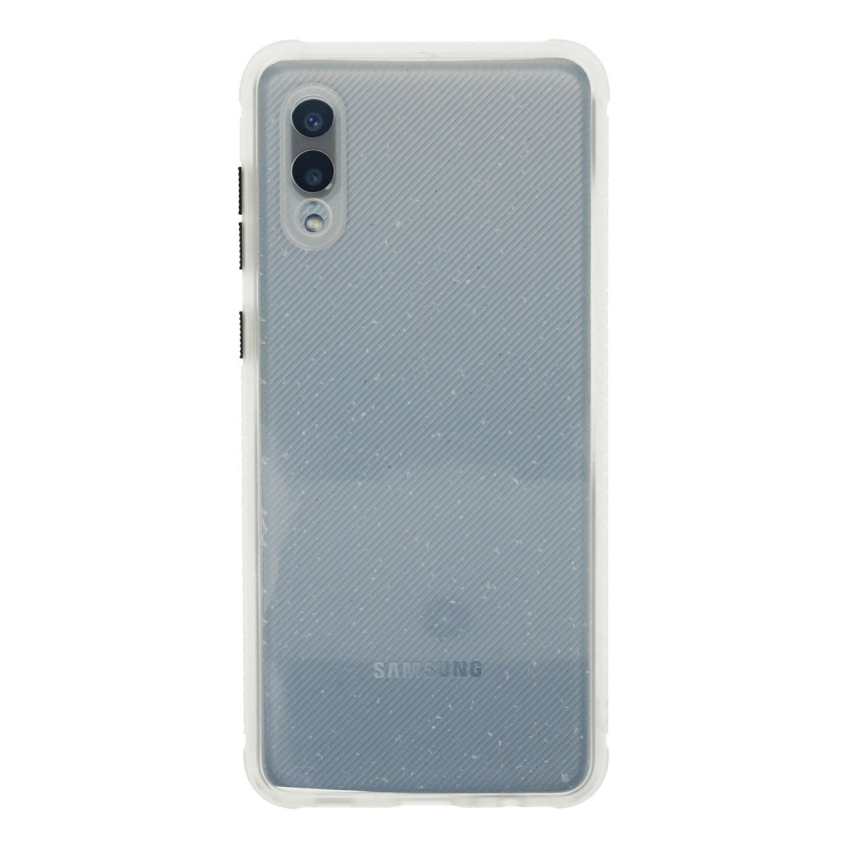 Kamera kesimi ve nervürlü desene sahip şeffaf Samsung telefon kılıfının arkası.