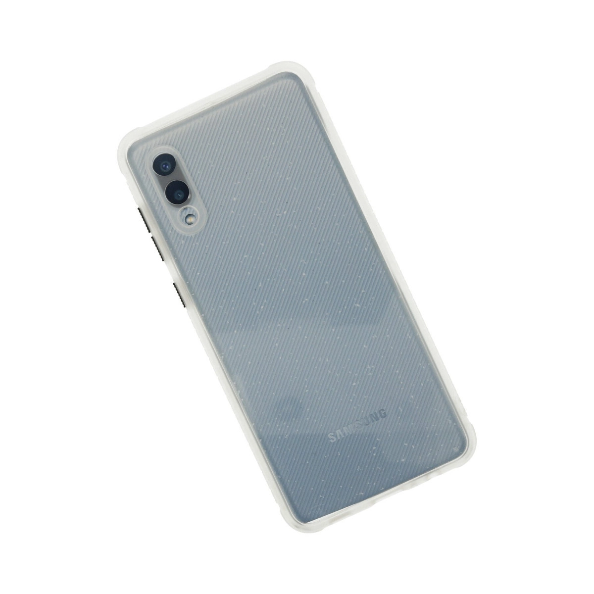 Dikey çizgili şeffaf Samsung telefon kılıfının arkası.