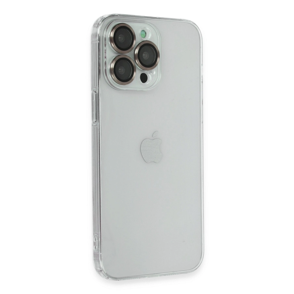 Üç arka kamerası ve Apple logosu bulunan şeffaf telefon kılıfı.