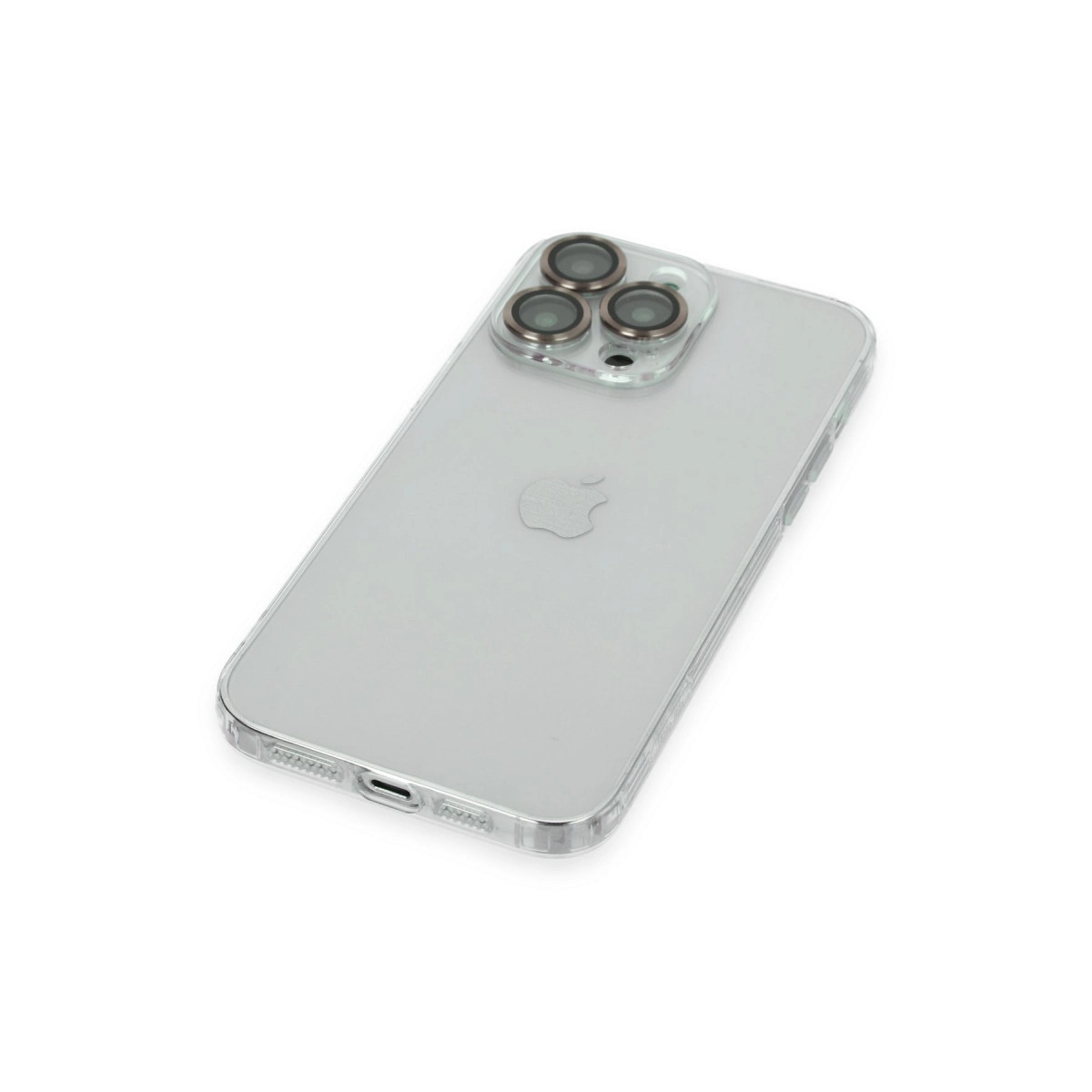 Beyaz arka plan üzerinde üç kameralı şeffaf iPhone kılıfı.