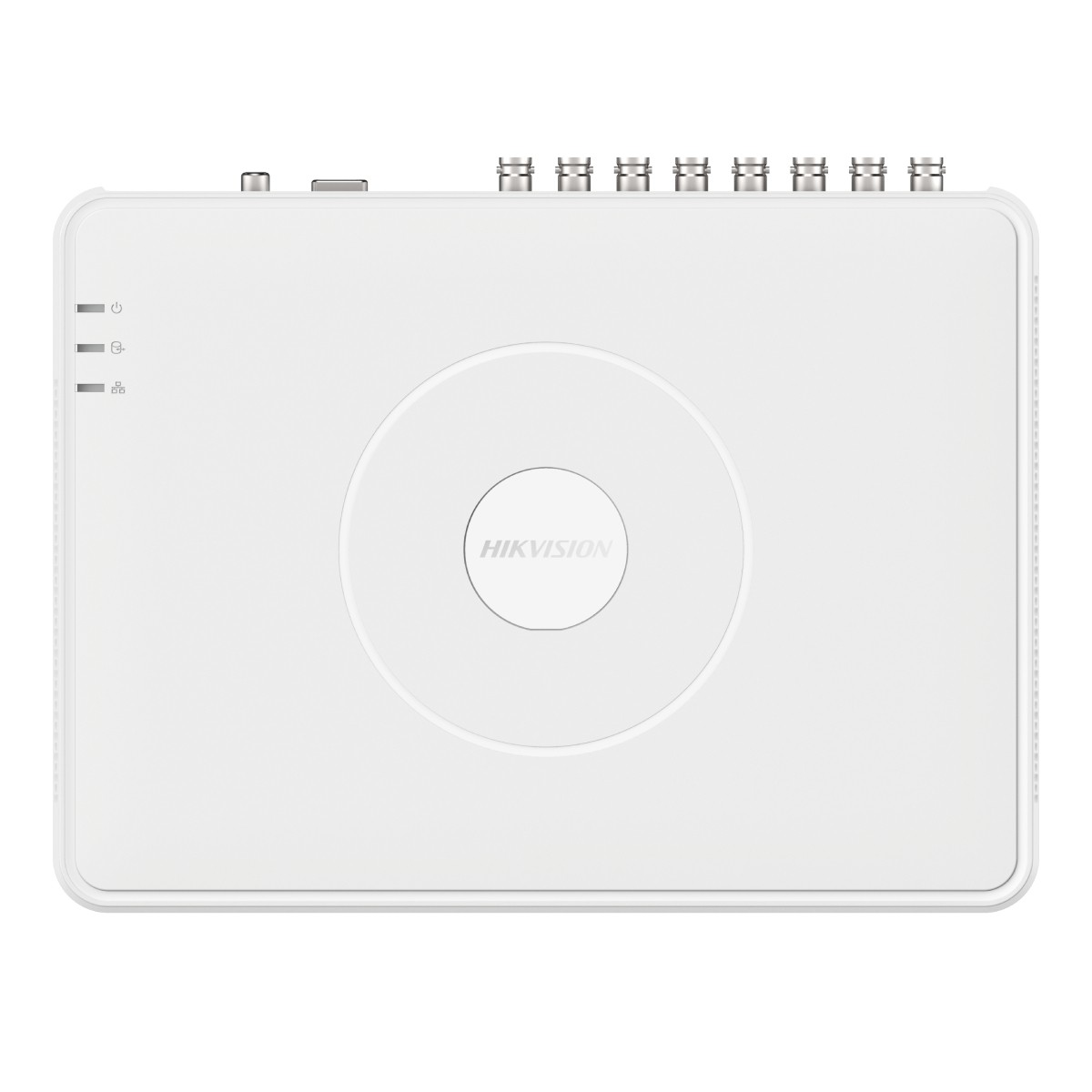 Bağlantı noktaları ve durum ışıkları olan beyaz Hikvision cihazı.