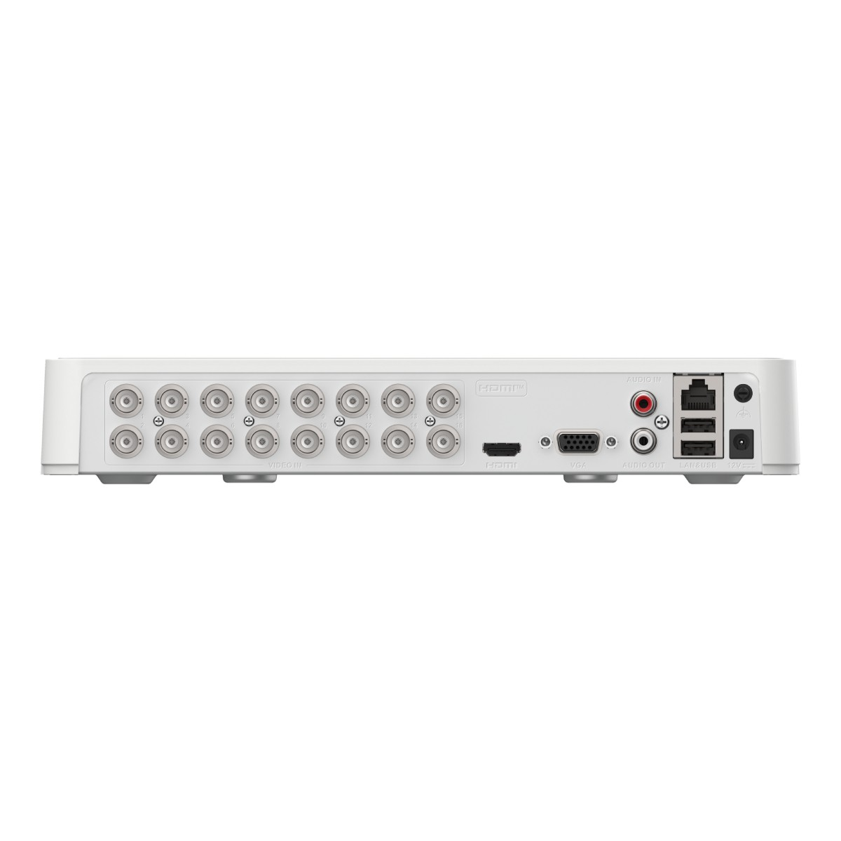16 BNC bağlantılı, HDMI, VGA, ses bağlantı noktaları ve Ethernet'e sahip beyaz cihaz.