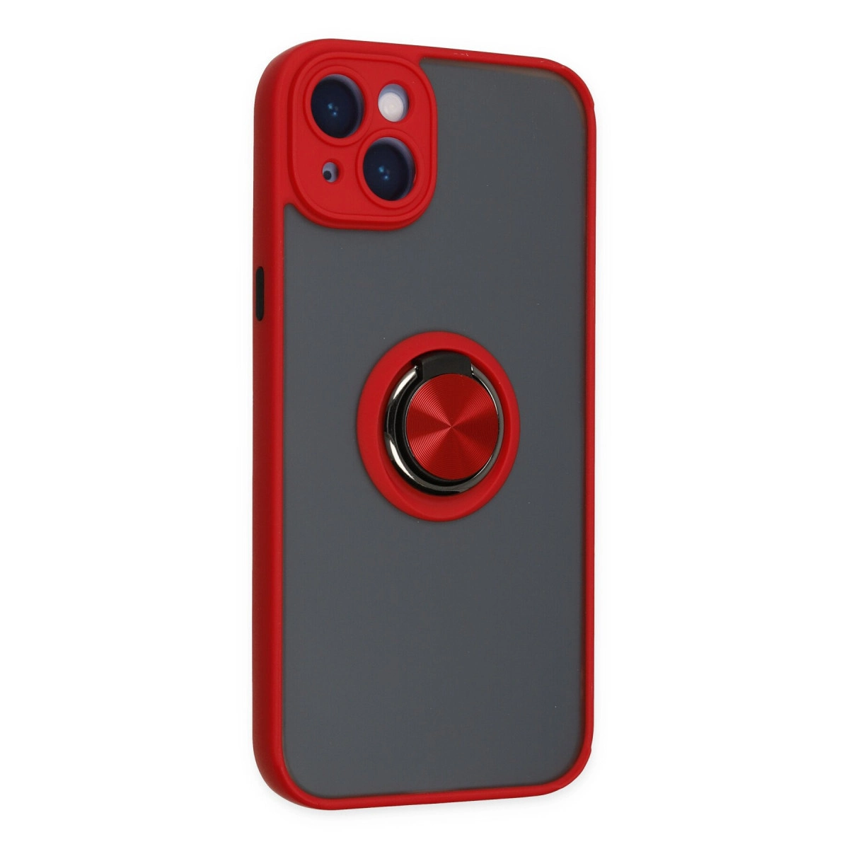 Kırmızı kenarlı gri telefon kılıfı ve kırmızı halka tutucu.