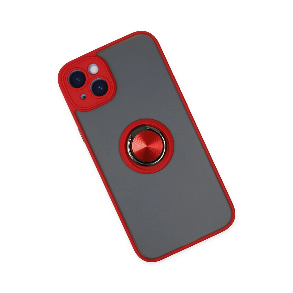 Kırmızı çerçeveli gri telefon kılıfı ve beyaz arka plan üzerinde kırmızı halka stant.