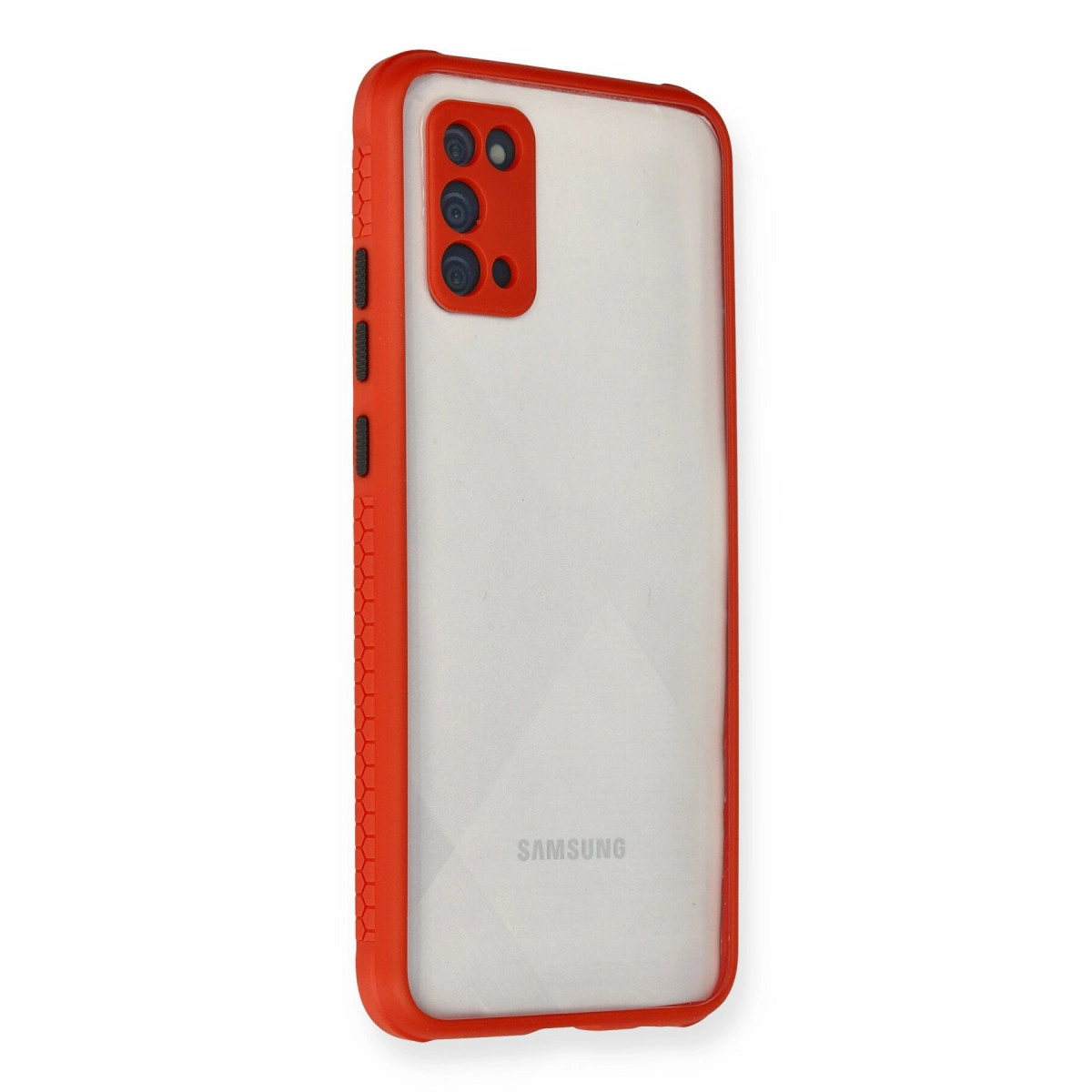Şeffaf arka ve kamera modülüne sahip kırmızı telefon kılıfı.