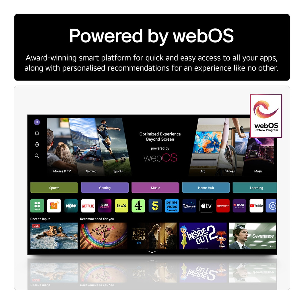 Interfejs Smart TV z aplikacjami, grami, filmami i muzyką. Na górze 'Powered by webOS'.