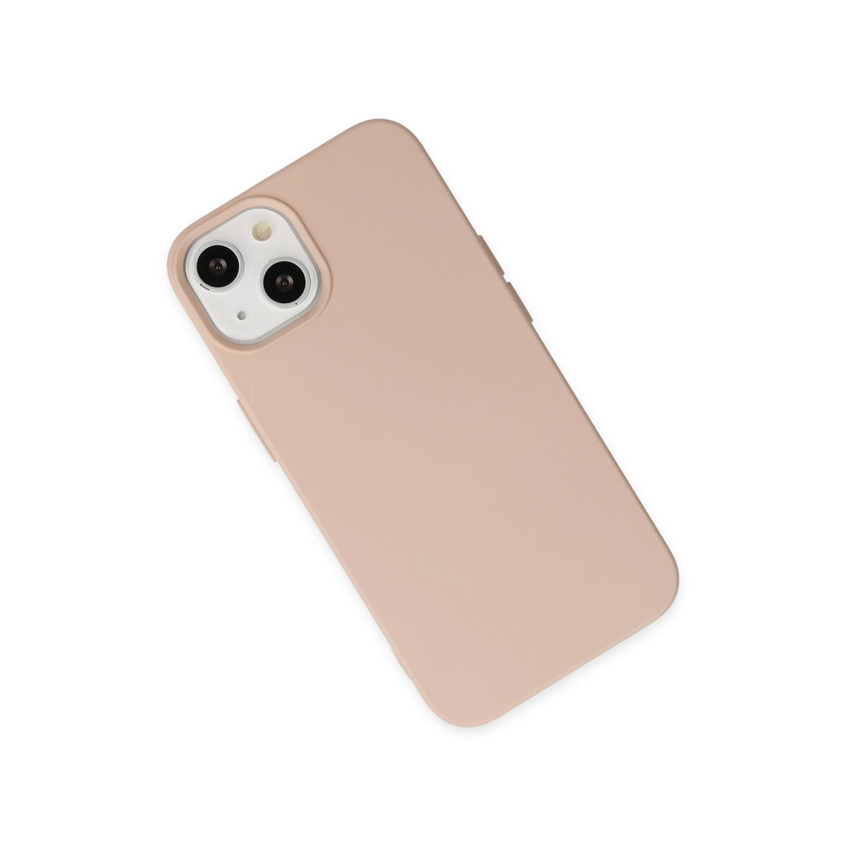 Beyaz arka plan üzerinde soluk pembe telefon kılıfı, kamera kesiği mevcut.