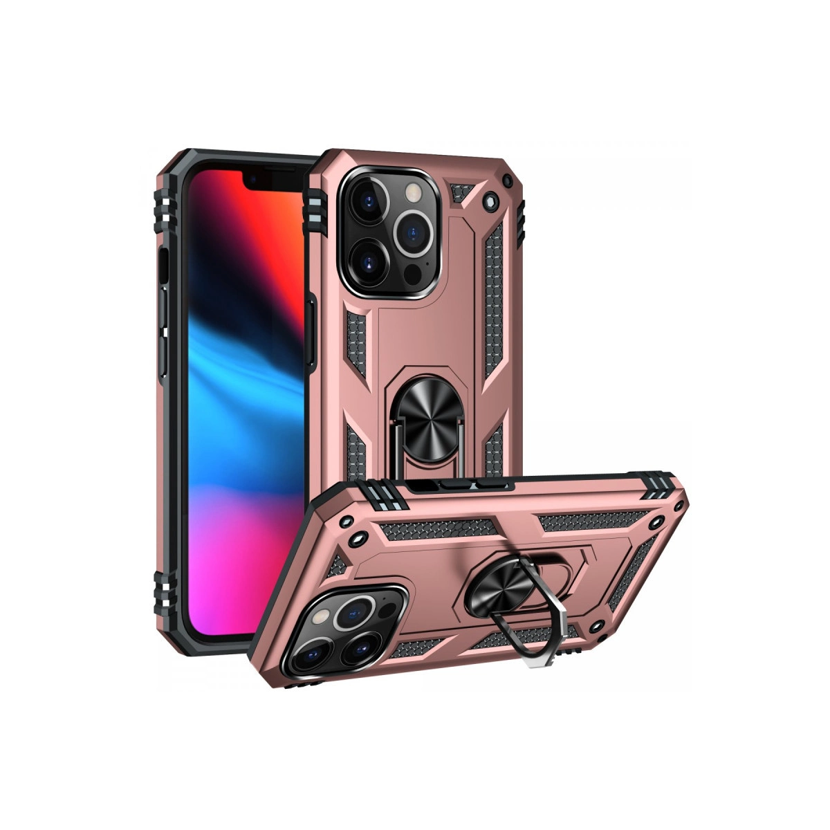 Halka tutuculu iki rose gold iPhone kılıfı, biri dik, diğeri yatay.
