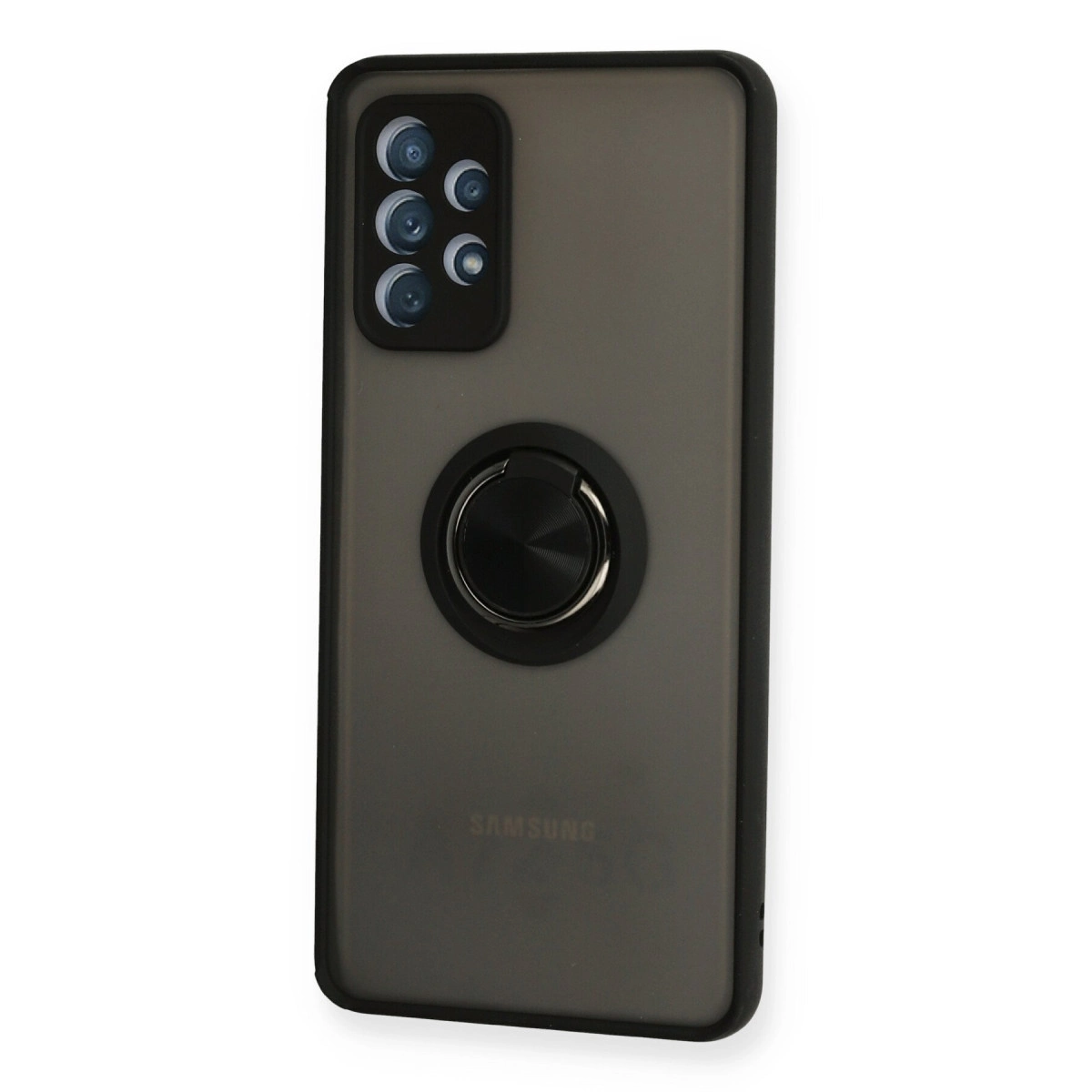 Arkada halka tutuculu ve kamera sistemli koyu gri telefon.