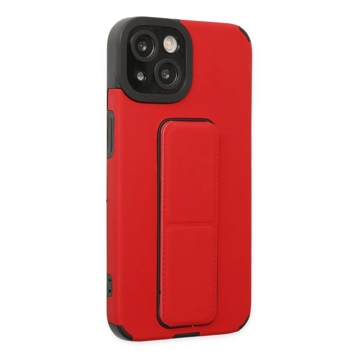 Siyah kamera çerçeveli ve entegre tutuculu kırmızı telefon kılıfı.