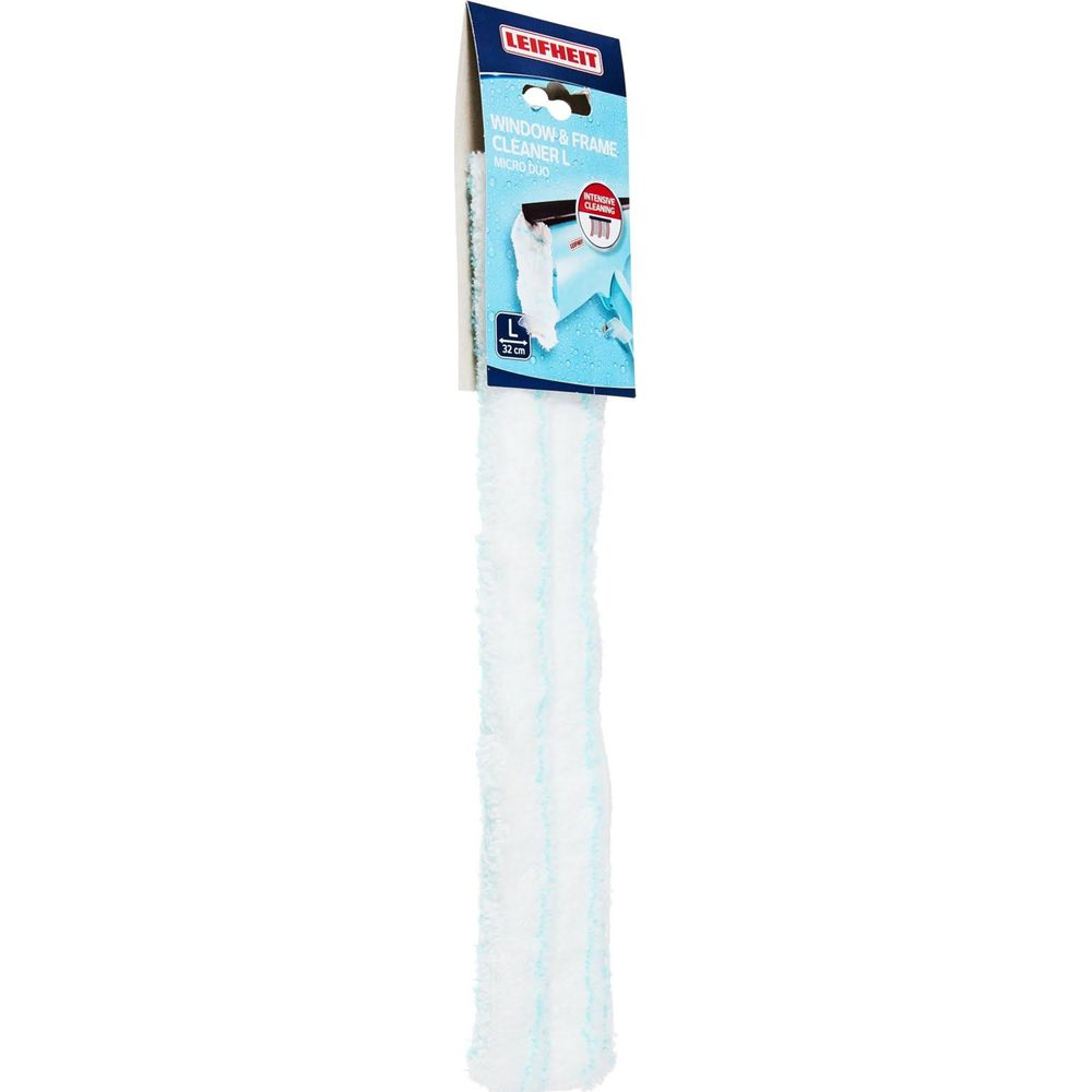Pulitore finestre Leifheit con copri panni in microfibra bianco e strisce blu.