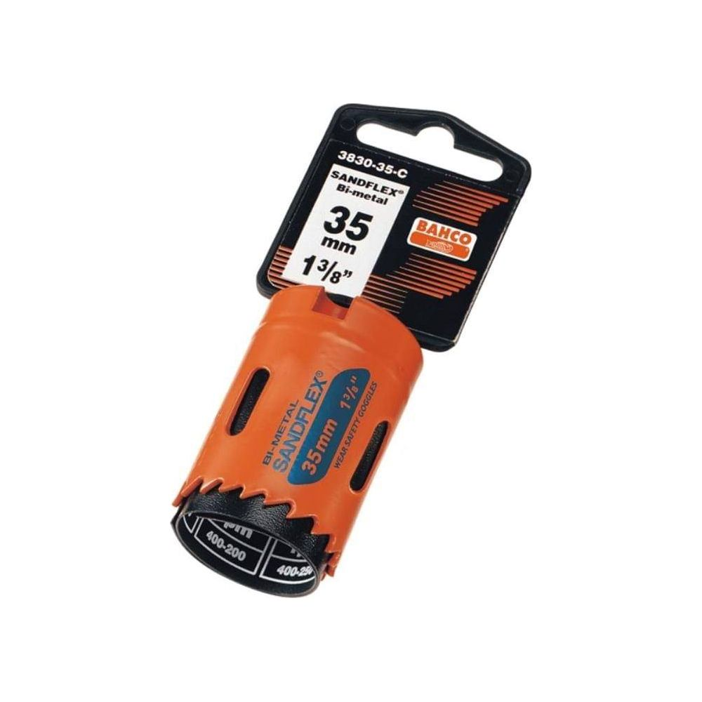 Eine orange Hohlkehle mit 35mm, verpackt mit Bahco-Logo und Spezifikationen.