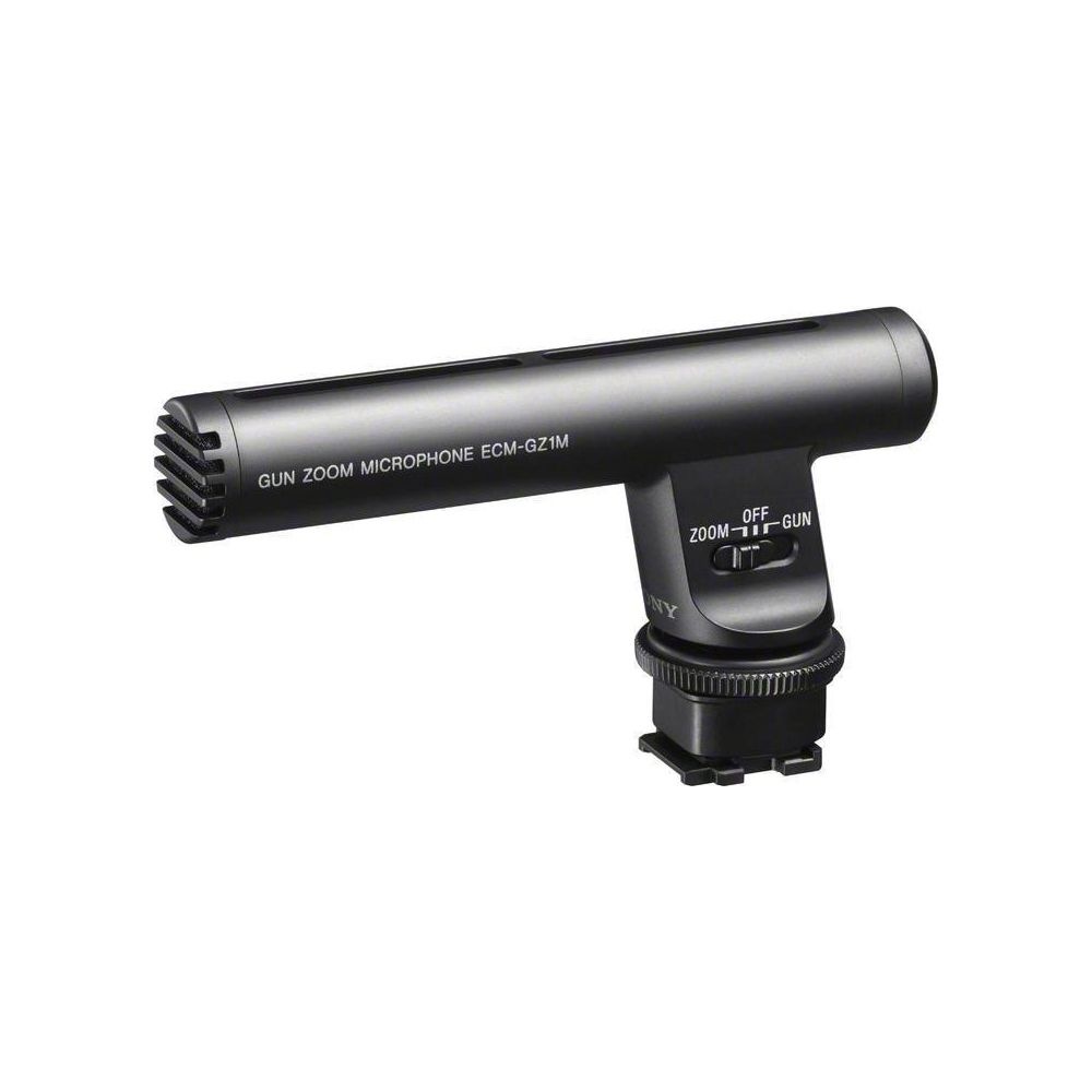 Micrófono de zoom direccional Sony ECM-GZ1M negro con ajustes de apagado, zoom y gun.