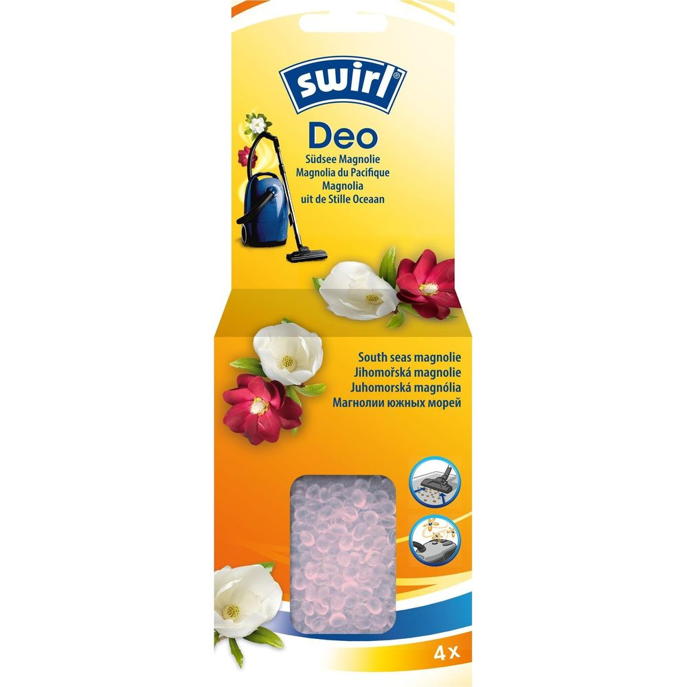 Granuli profumati Swirl Deo con motivo di magnolia e illustrazione aspirapolvere.