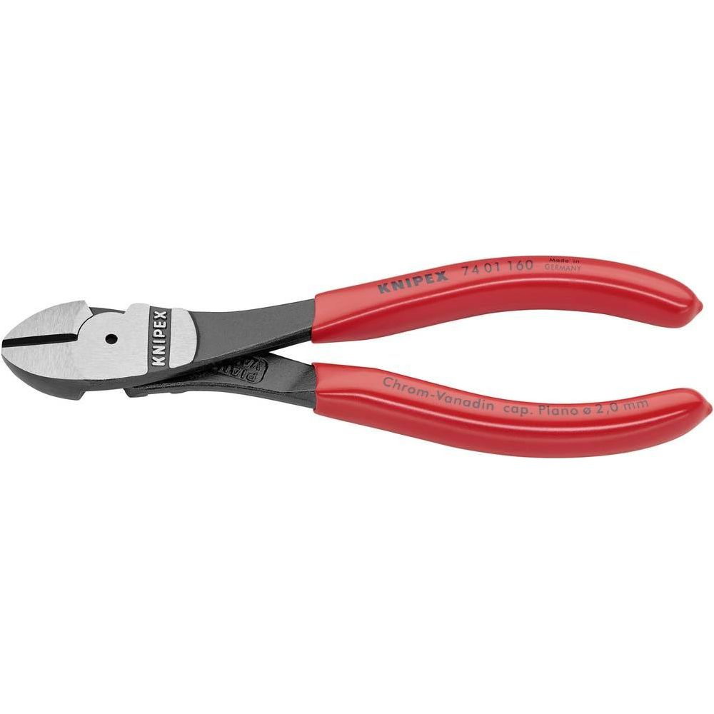 Pinze tronchesi con manici rossi e testa argentata. Modello KNIPEX 74 01 160.