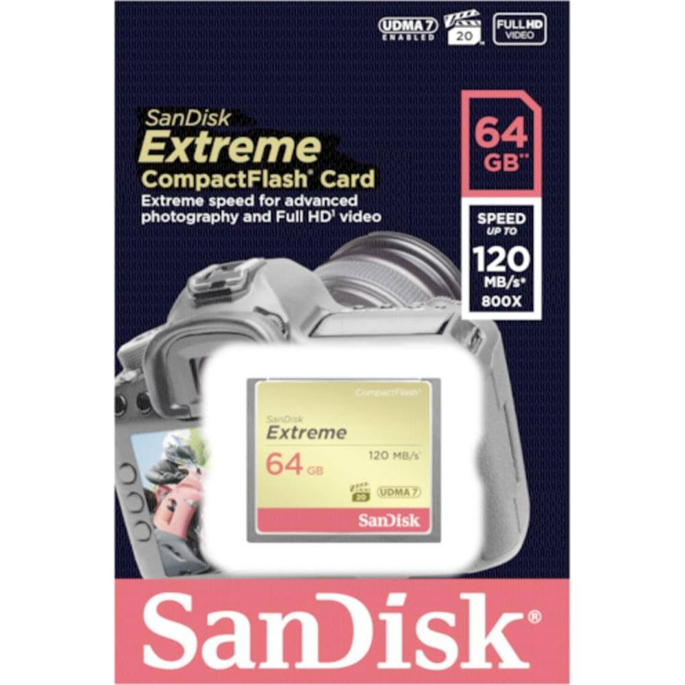 SanDisk Extreme 64GB CompactFlash-Karte mit Kamera-Abbildung und Geschwindigkeitsangaben.