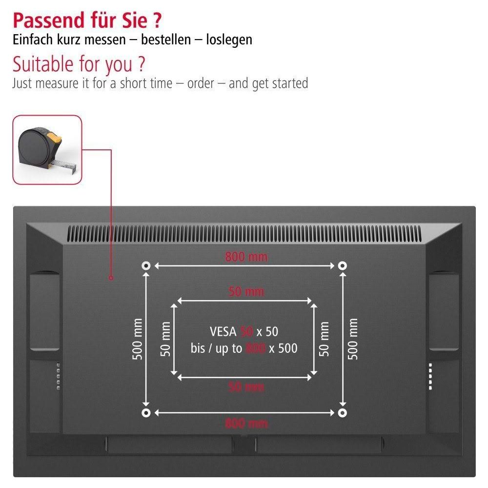 Rückseite eines Fernsehers mit VESA-Montageabmessungen (800x500mm).