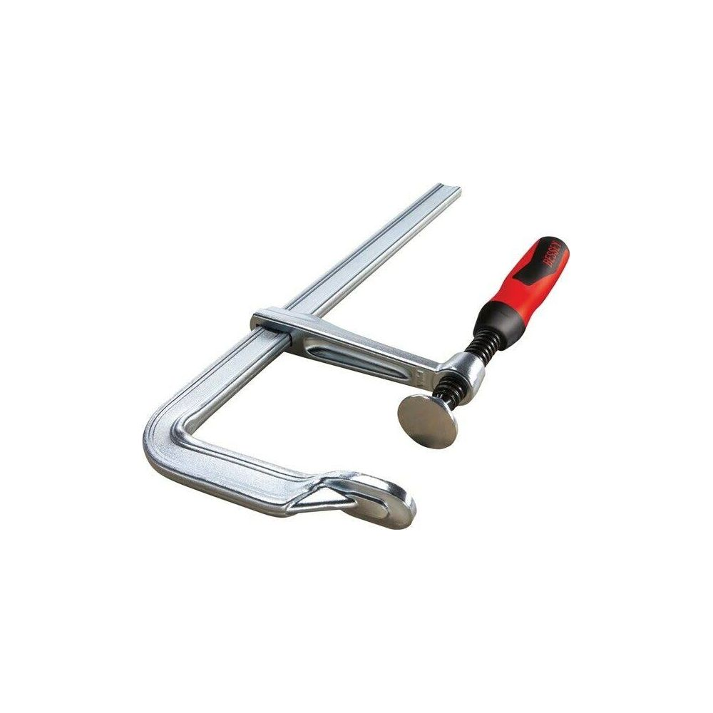 Srebrna ściskacz stolarski z czerwonym uchwytem i czarną śrubą.