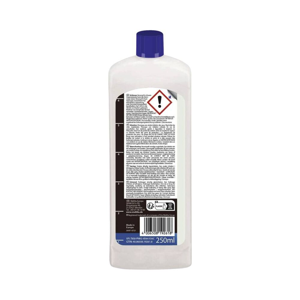 Ein weißer Flakon mit blauem Deckel, mit Warnhinweisen und Produktinformationen.