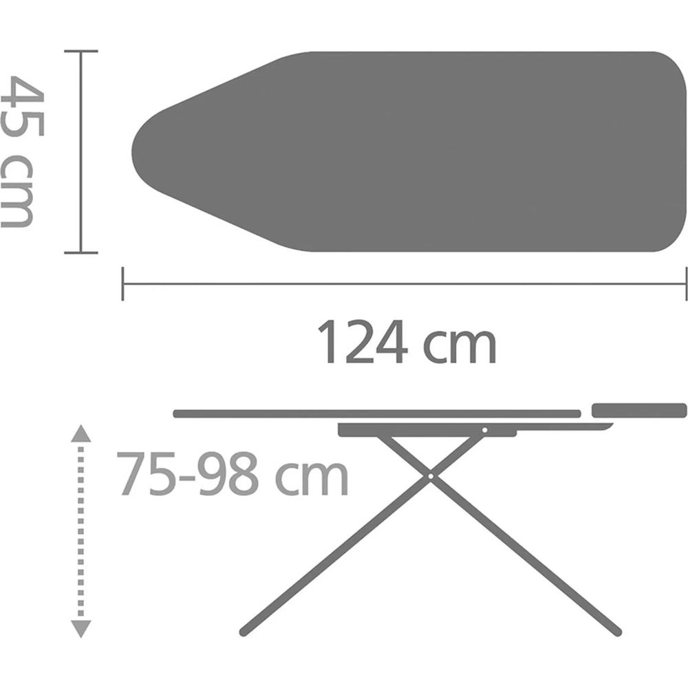 Dimensions planche à repasser : 45cm largeur, 124cm longueur, hauteur 75-98cm.