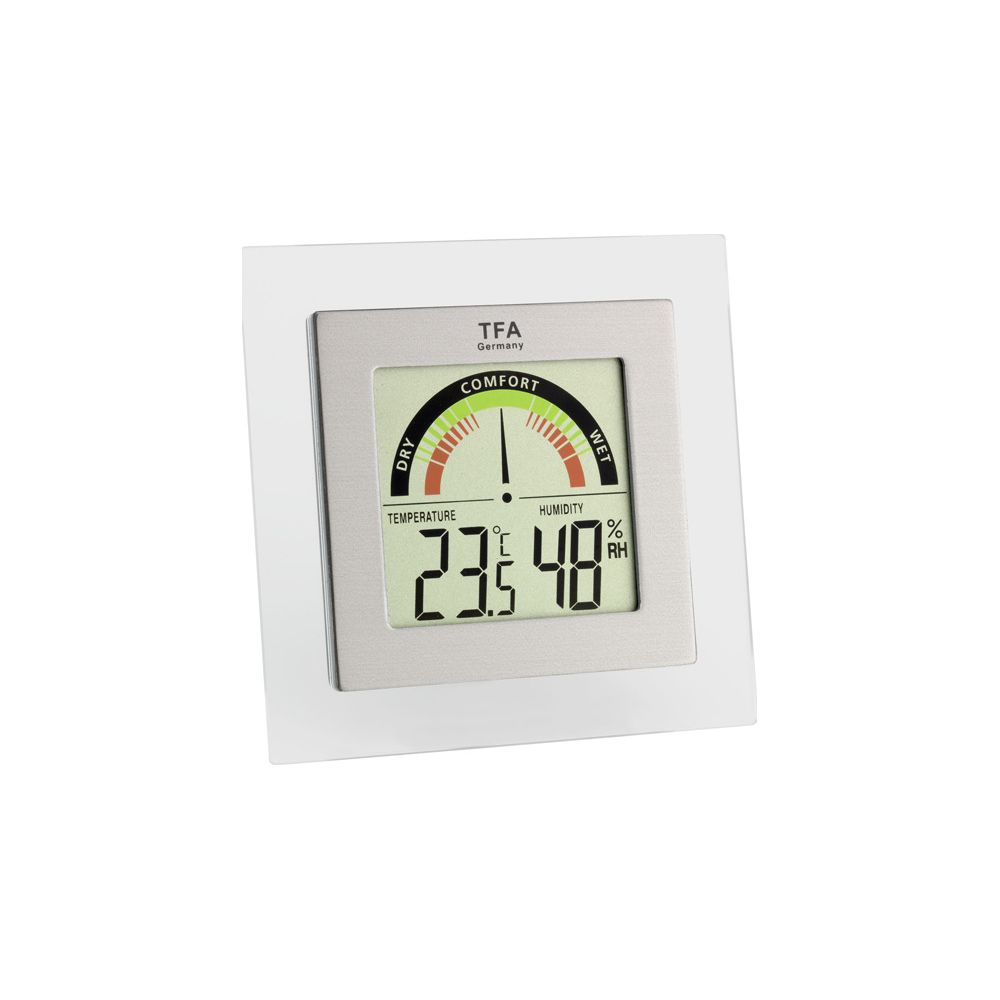 Digitales Thermo-Hygrometer zeigt 23,5°C und 48% Luftfeuchtigkeit an.