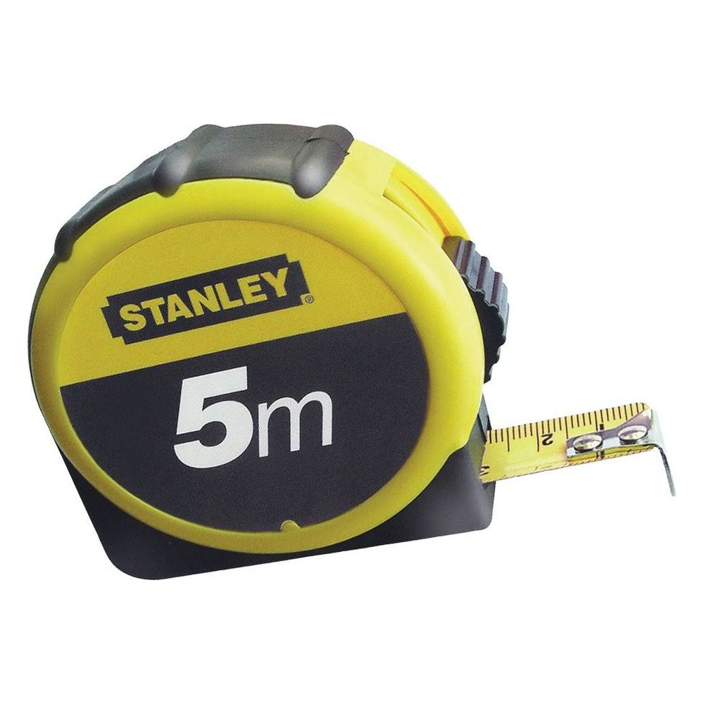 Żółta miarka Stanley z czarną obudową i wysuniętą taśmą pomiarową 5 metrów.