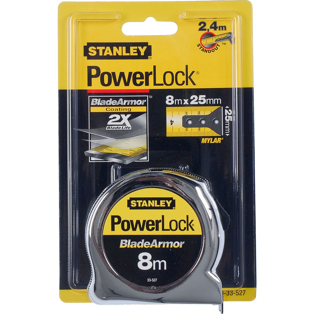Metro a nastro Stanley PowerLock 8m in confezione gialla e nera, mostra rivestimento Blade Armor.