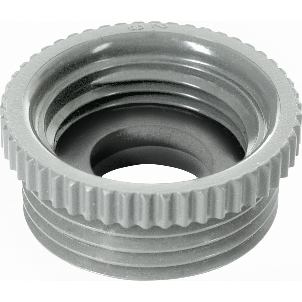 Gray plastic adapter with male threads and a knurled edge.