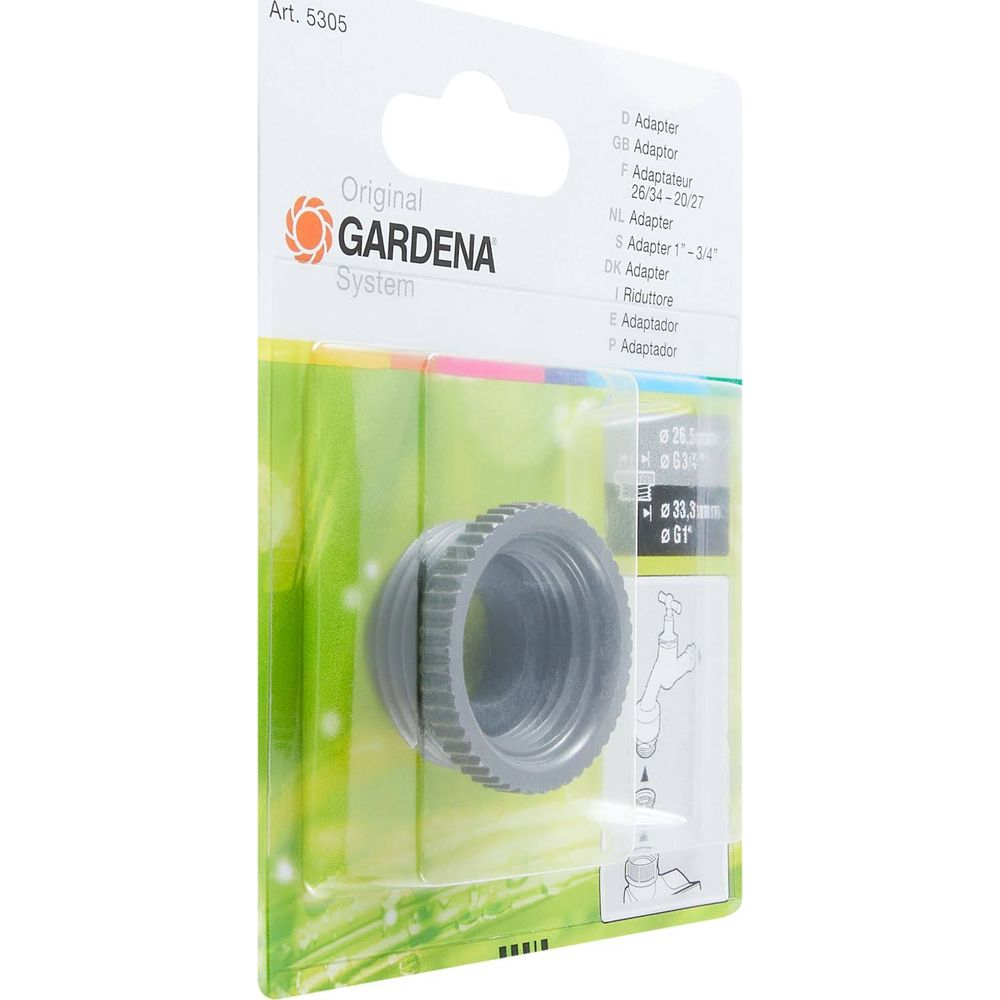 Gardena System Adapter in packaging, gray.